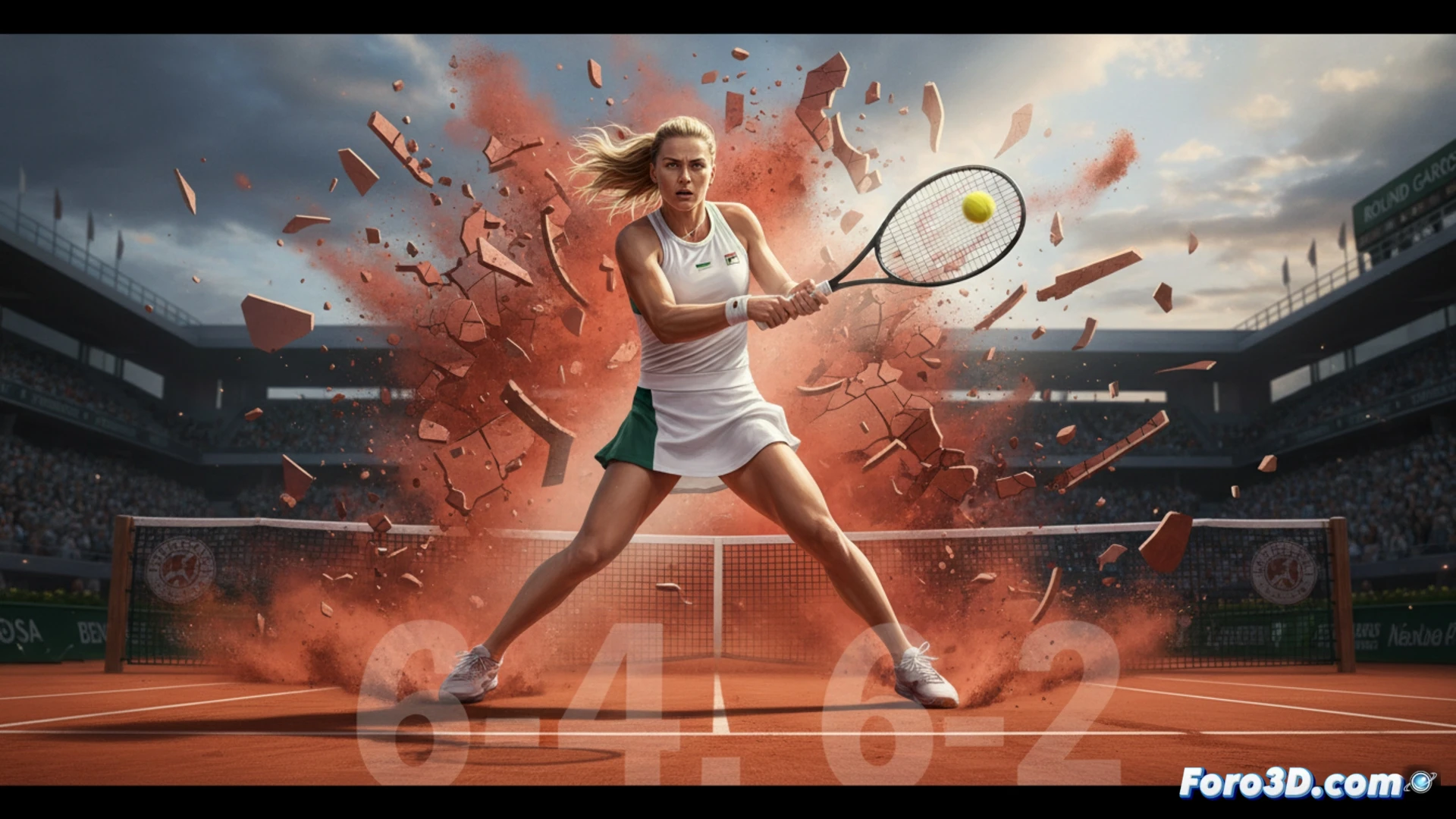 Aryna Sabalenka lanzando un golpe de derecha agresivo desde la línea de fondo en la arcilla roja de Roland Garros, mostrando un gesto de frustración tras una raqueta desequilibrada por un error no forzado, mientras su oponente Jessica Bouzas Maneiro corre hacia la red en posición defensiva, con la tierra levantada alrededor de sus pies, demostrando la tensión del primer set caótico, cinematográfico realista, iluminación de estadio de tenis con sombras duras, textura granulada de la arcilla, sudor visible en la piel, fotografía deportiva de alta velocidad.