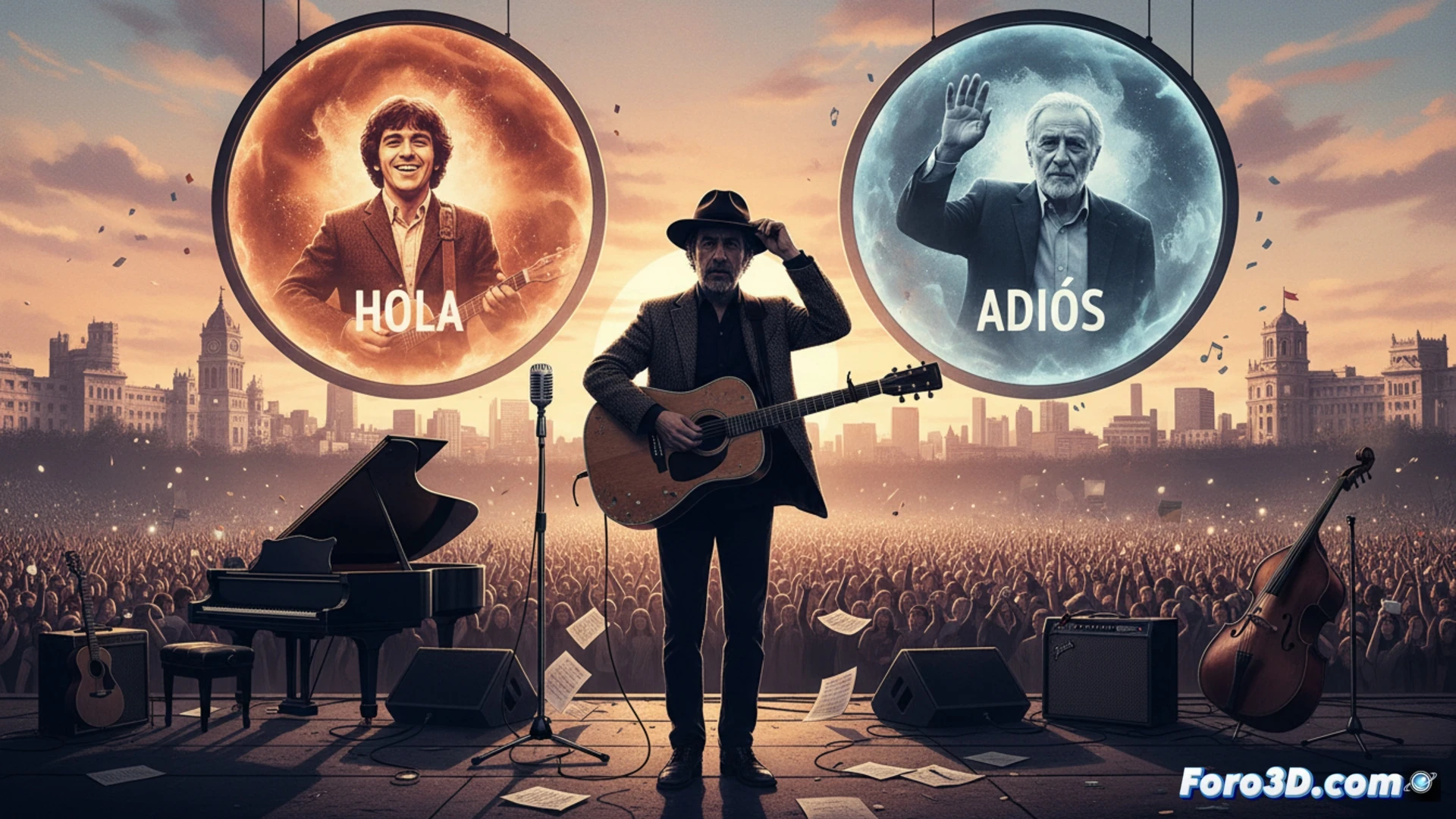 Sabina en el Movistar Arena, micrófono en mano, público emocionado; fondo oscuro con luces cálidas y el título 'Hola y Adiós' en vinilo.