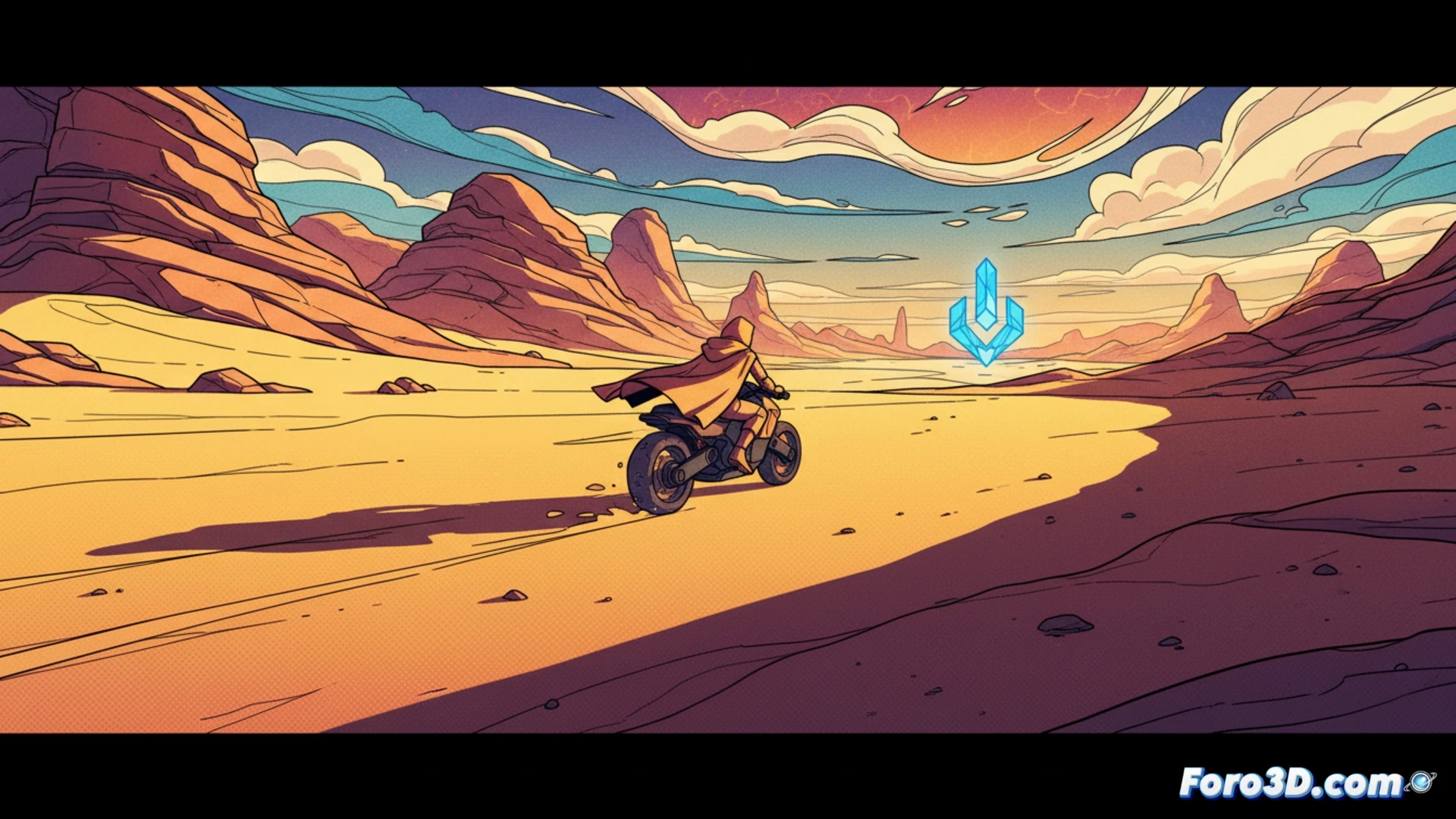 Captura de Sable con personaje explorando ruinas en cel-shading y line art inspirado en Moebius.