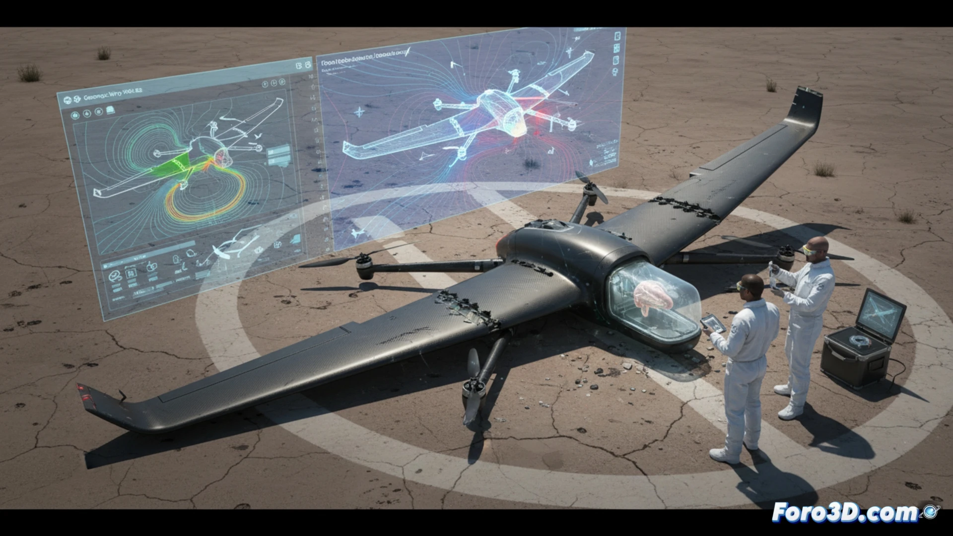 Simulación CFD de dron de órganos con deformación en ala y flujo de aire turbulento en colores fríos y cálidos