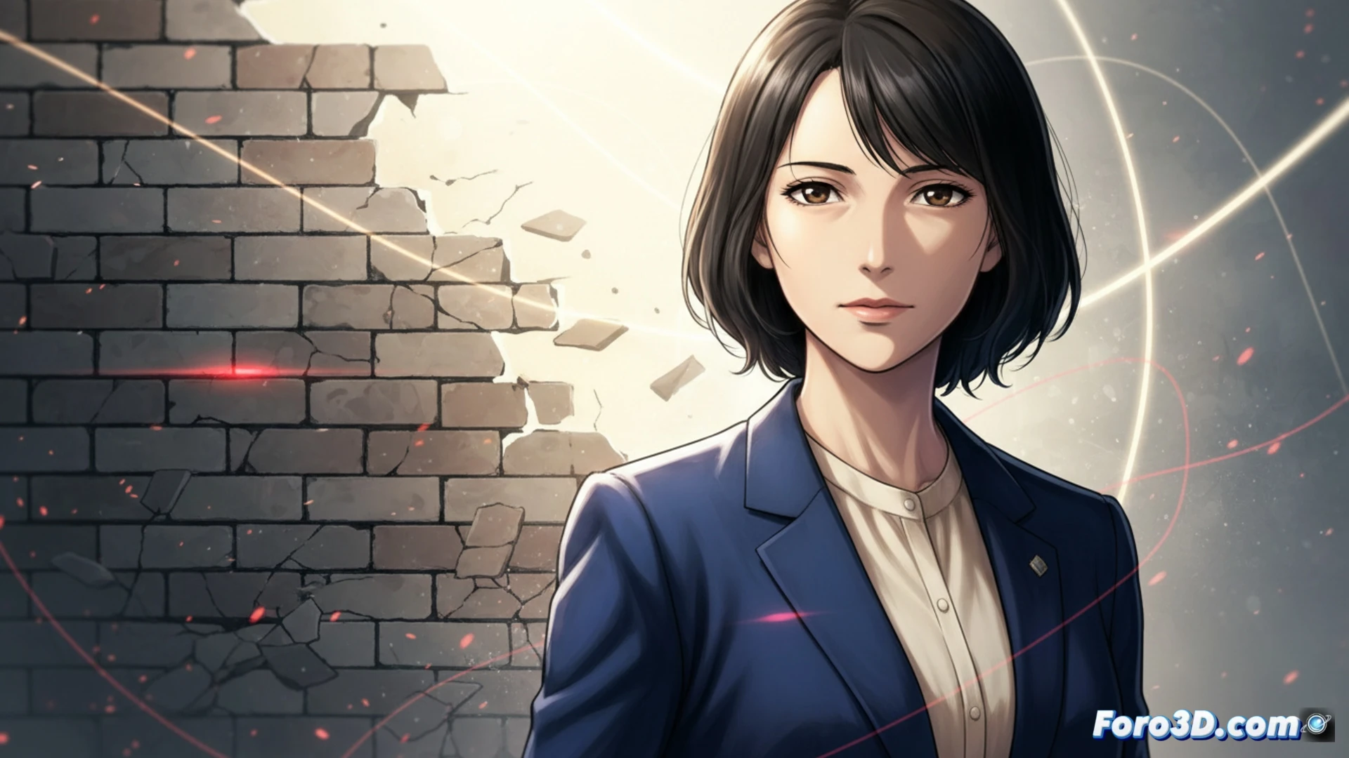 Sachiko Fujinuma, cabello azul oscuro y mirada serena, en un estudio de noticias, simbolizando su elegancia silenciosa y su trágico destino en Erased.