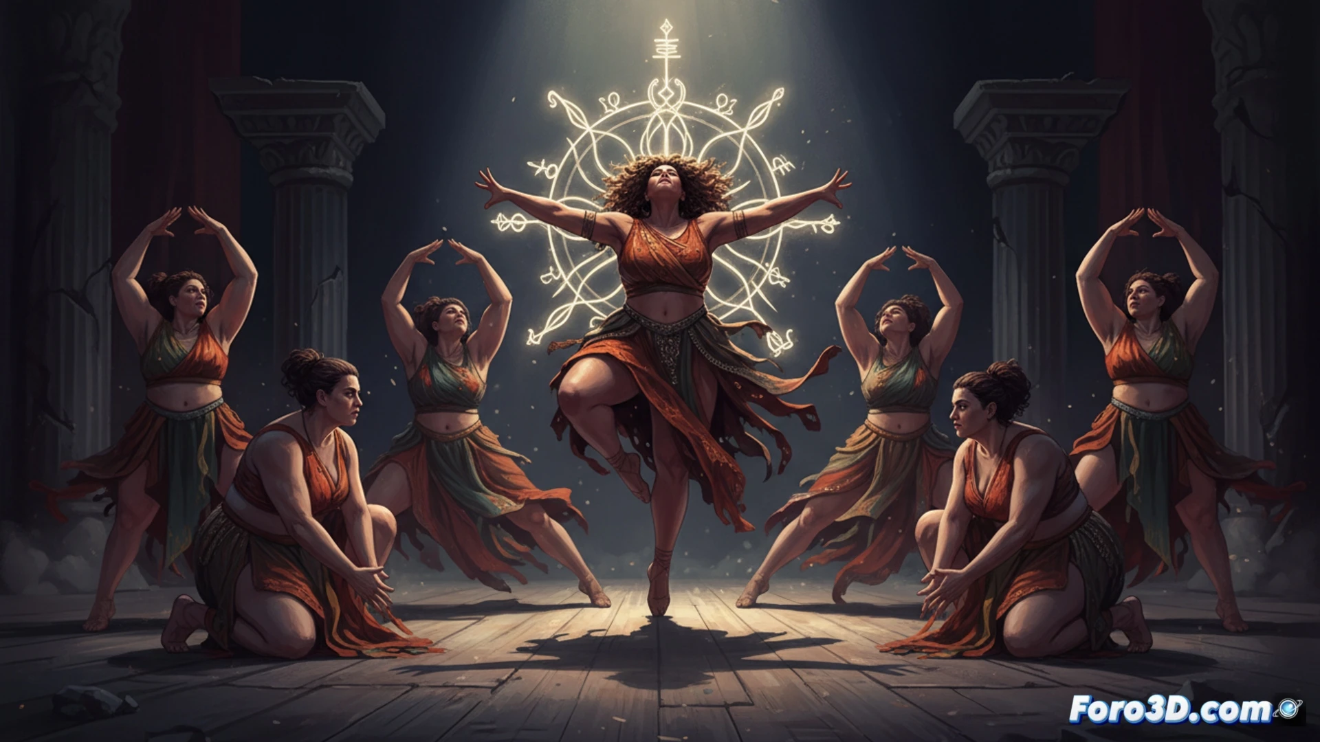 Un escenario oscuro ilumina a cinco bailarines gordos en movimiento expansivo, desafiando la gravedad. Visten ropa vibrante y fluida, con gestos de poder y liberación. El cuerpo gordo se erige como un territorio de belleza y resistencia contra la gordofobia estructural.