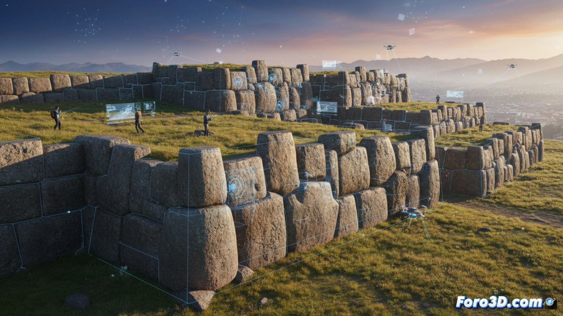 Muros de Sacsayhuamán con bloques de piedra encajados perfectamente, fotogrametría 3D en proceso de escaneo digital