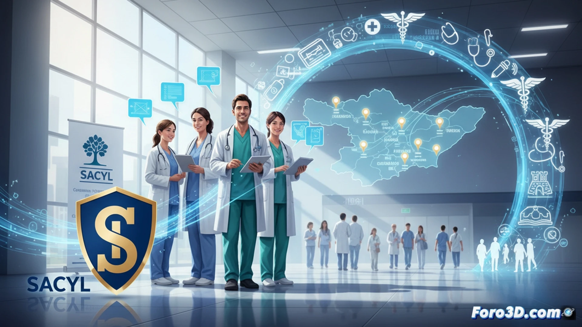 hospital corridor scene with young medical residents in white coats walking toward a large digital recruitment board displaying 538 job offers, a senior doctor gesturing toward the board while explaining contract details, residents holding tablets showing long-term employment contracts with stability icons, medical equipment like stethoscopes and clipboards visible, bright fluorescent lighting reflecting off polished floors, cinematic photorealistic style, warm professional atmosphere, subtle motion blur on walking figures, clean modern hospital interior with glass walls and blue accent lighting, ultra-detailed fabric textures on uniforms, realistic depth of field focusing on the digital board