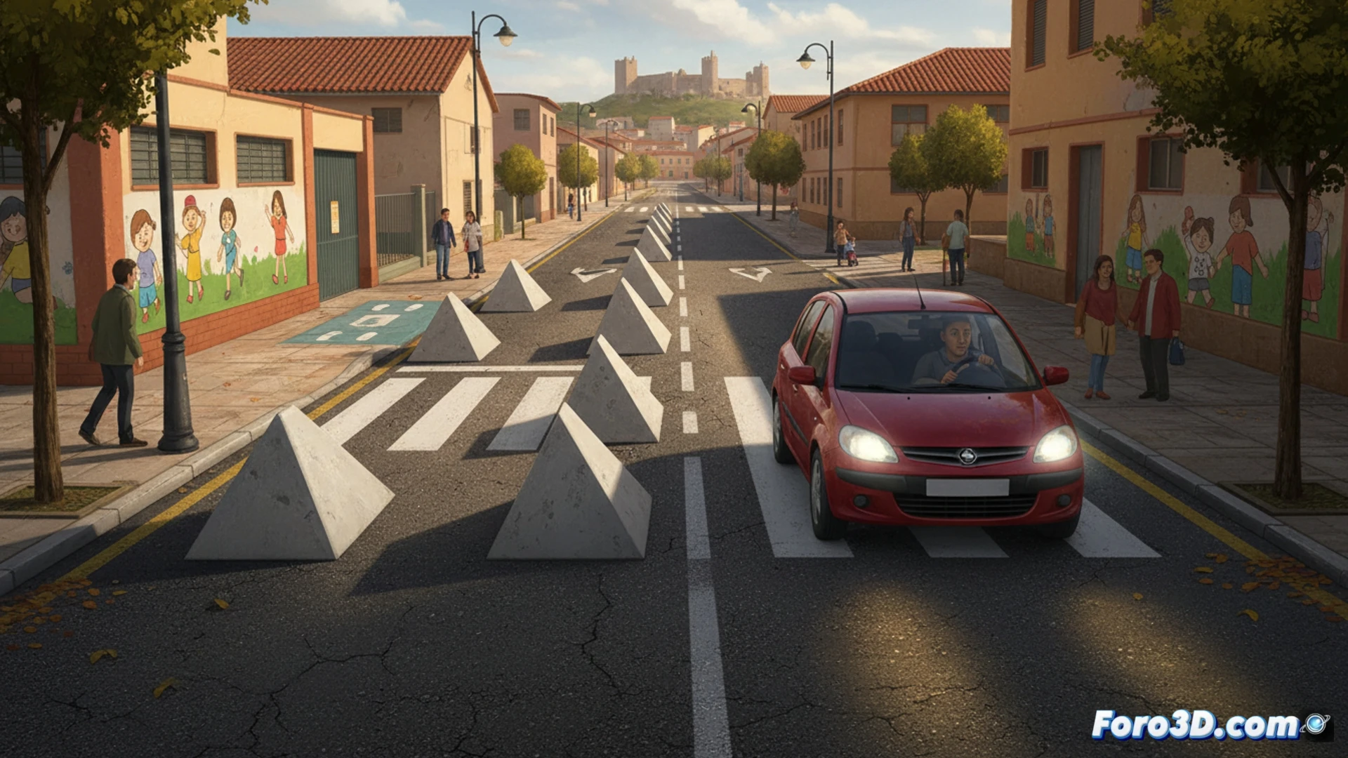 photorealistic street scene in Sagunt, car approaching a painted 3D optical illusion of a crosswalk and speed bump on asphalt, driver inside vehicle pressing brake pedal while eyes widen in surprise, illusion creating false depth perception, school zone sign visible in background, sunlight casting realistic shadows on painted surface, cinematic urban safety engineering visualization, detailed asphalt texture, car wheels showing braking motion blur, no text or numbers, ultra-detailed architectural environment, dramatic daylight contrast