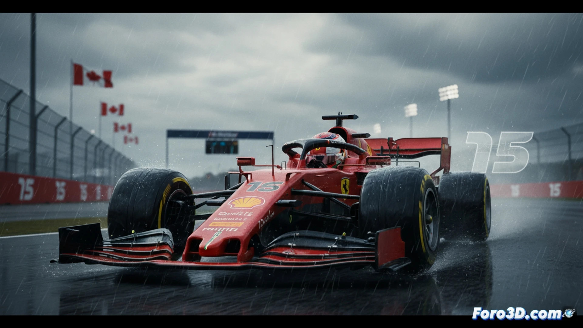 Fórmula 1 Williams FW47 en boxes durante clasificación de Canadá, mecánico ajustando alerón delantero mientras neumáticos fríos humean ligeramente sobre asfalto mojado, superficie del coche cubierta de gotas de lluvia, datos de telemetría en pantalla mostrando temperatura baja en compuesto delantero izquierdo, ingeniero señalando diferencial de tres décimas en cronómetro digital, luces de garaje azules y naranjas reflejándose en el morro negro, ambiente técnico tenso, renderizado fotorrealista cinematográfico, iluminación dramática industrial, texturas de carbono detalladas, vapor de agua elevándose del suelo.