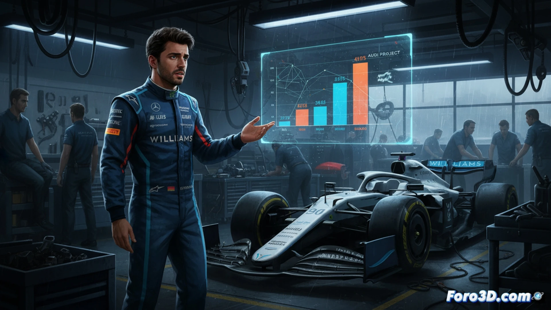 close-up of a Formula 1 pit crew urgently adjusting a Williams car's rear diffuser, carbon fibre panels being unbolted mid-action, exposed gearbox internals and wiring harness visible, a single red warning light blinking on a diagnostic tablet held by a mechanic, dramatic shadow across the garage floor, cinematic engineering visualization, metallic reflections on tools and hydraulic rig, tense atmosphere with blurred background of Alpine and Audi pit boxes under harsh fluorescent lights, photorealistic technical render