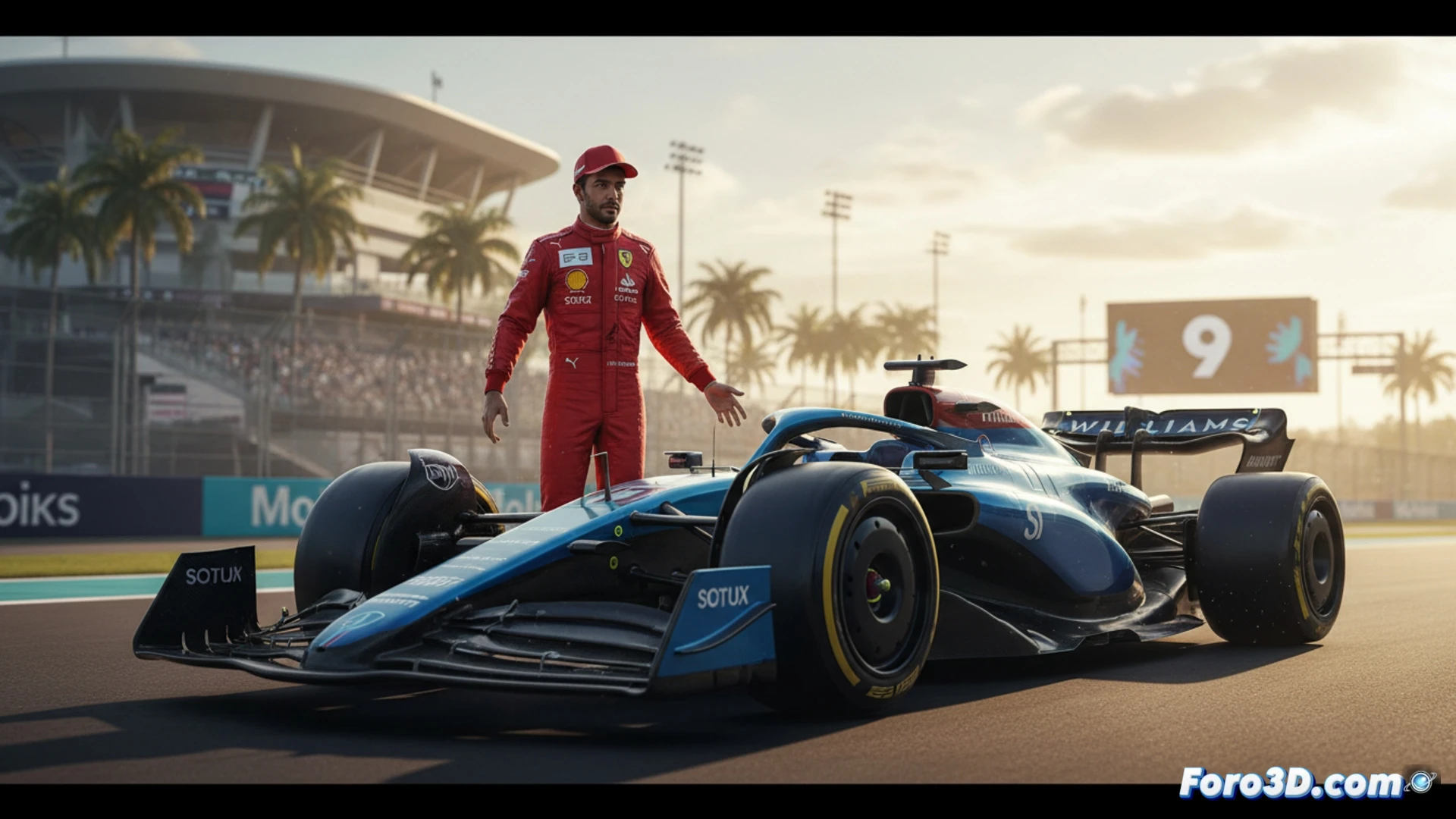 Carlos Sainz con su Williams FW47 en Miami, celebrando el noveno puesto con gesto de alivio y esperanza.
