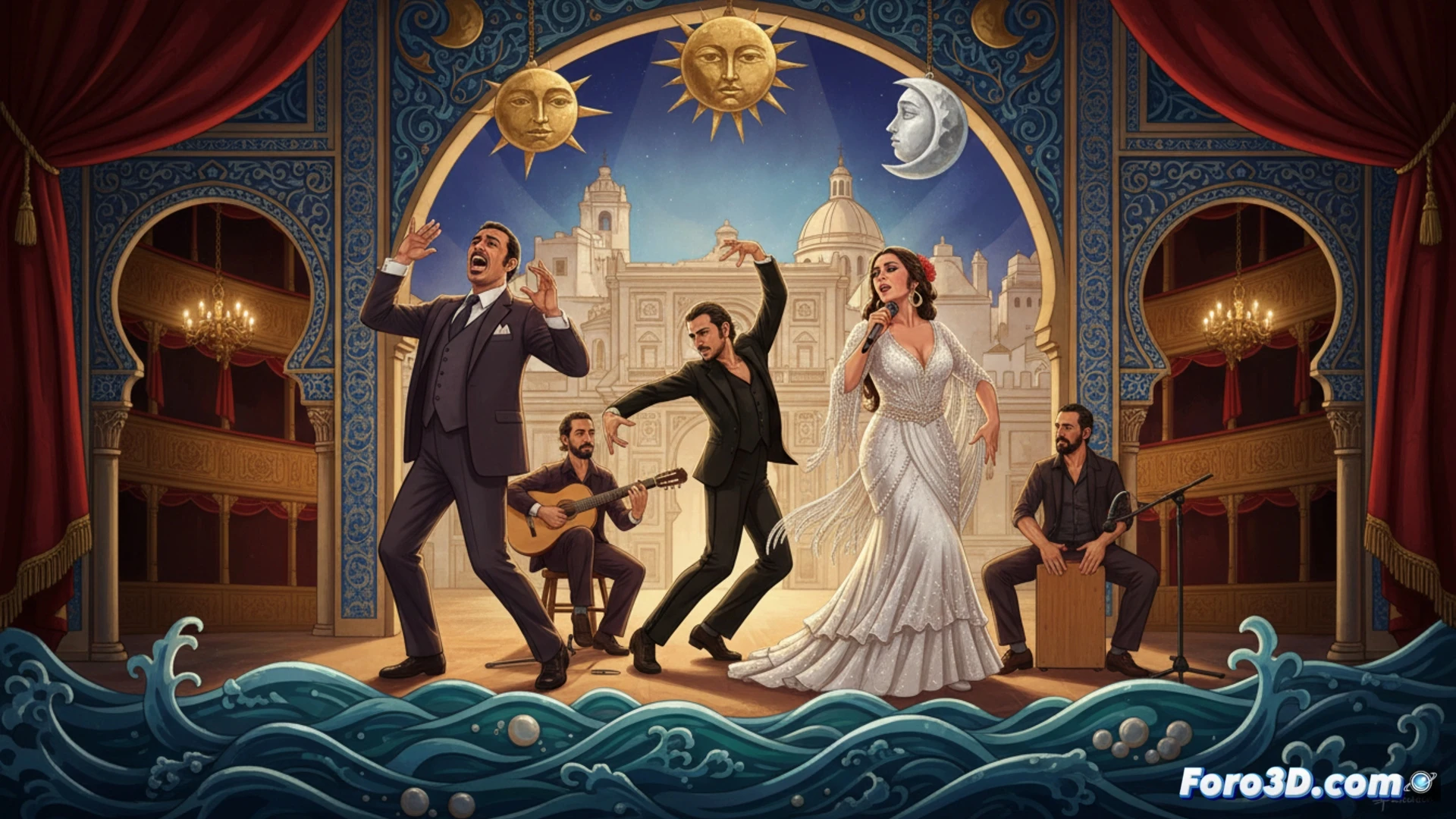 Flamenco dancer spinning on a circular stage of cracked salt crystals, wooden heels striking the white surface while sea spray particles rise in arcs, acoustic guitar body vibrating with visible sound waves, percussionist striking a cajón with metallic percussion rings, cinematic photorealistic rendering, warm sunset light reflecting off salt crystals, dynamic motion blur on dancer’s ruffled skirt, guitar fretboard details with finger calluses, dramatic theatrical spotlight from above, deep shadows emphasizing rhythmic movement, high-contrast texture on salt floor, smoke haze catching light beams, ultra-detailed wood grain and fabric folds.