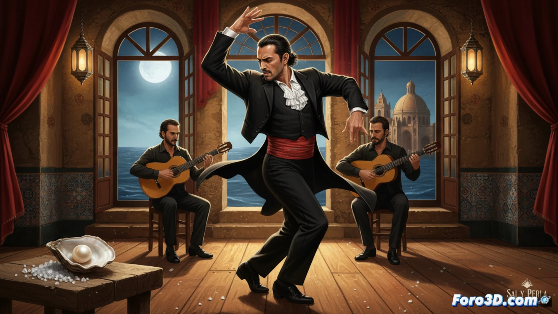 bailaor flamenco ejecutando una poderosa patada con bata de cola roja y negra en un tablao de madera oscura, polvo de yeso elevándose bajo sus pies mientras guitarristas tocan al fondo, luces de foco cálido iluminando el sudor en su rostro concentrado, manos marcando el compás con tensión muscular visible, fondo de arco de ladrillo visto y rejilla metálica de altavoces, estilo cinematográfico realista, profundidad de campo reducida, sombras dramáticas, textura rugosa de la madera, destellos de lente, fotografía de concierto en vivo