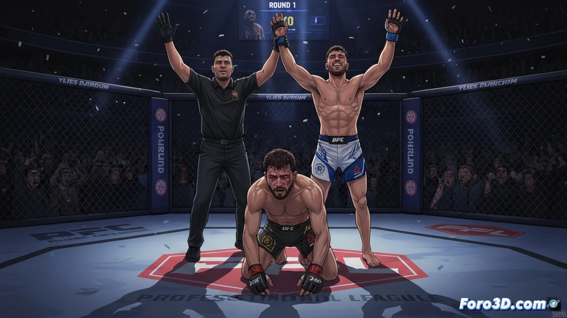 MMA octagon cage center, lightweight champion Salah collapsing backward after a clean left hook to the jaw, referee stepping in mid-air to stop the fight, Ylies Djiroun pulling back fist in victory stance, Climent Club corner throwing towel into the cage, canvas showing sweat droplets and blood splatter, digital round timer frozen at 2:34, Dubai event branding on cage mat, dramatic arena spotlight highlighting the TKO moment, slow-motion impact blur on Salah’s gloves, photorealistic cinematic sports photography, high contrast shadows, crowd blur in background, technical fight photography style