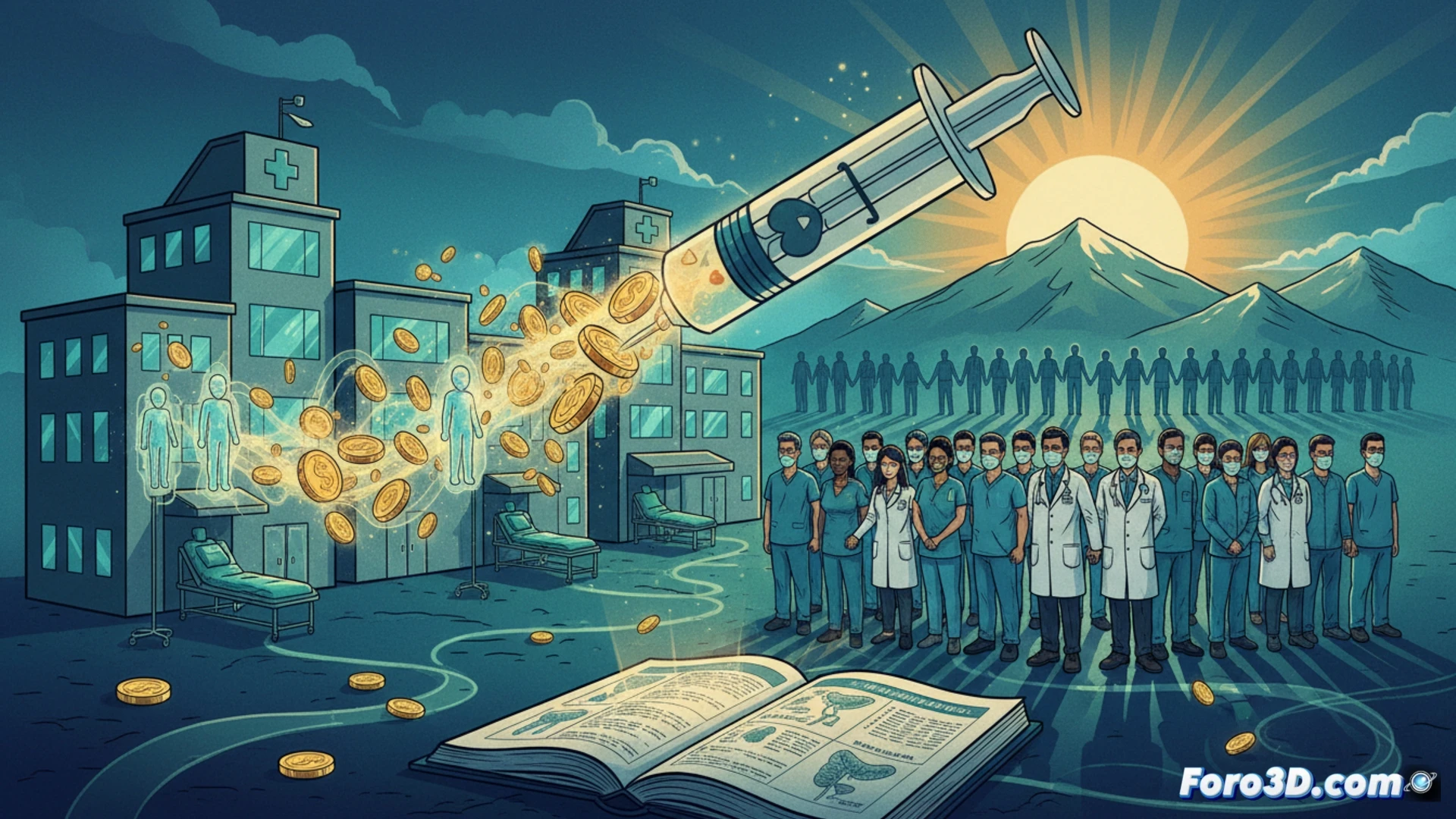 hospital operating room scene, surgical team in blue scrubs performing organ transplant procedure, illuminated surgical lights focused on sterile field, advanced medical monitors displaying vital signs and organ status, robotic surgical arm holding precision instruments, nurses preparing donor organ in sterile container, action of transferring organ to recipient, cinematic photorealistic medical visualization, dramatic blue-white lighting, reflective stainless steel surfaces, detailed medical equipment, sterile environment, sense of urgency and precision, high-contrast shadows, ultra-realistic textures