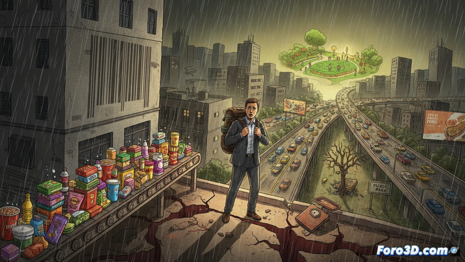 Urban street scene showing a person struggling to walk on cracked uneven pavement while carrying heavy grocery bags, a billboard advertising ultraprocessed snacks looming overhead, no trees or benches in sight, traffic blocking a crosswalk, photorealistic documentary style, overcast grey lighting, worn concrete textures, faded crosswalk paint, distant factory chimneys releasing smoke, sense of exhaustion and systemic neglect, cinematic urban realism, detailed environmental decay, human scale contrasting with hostile infrastructure