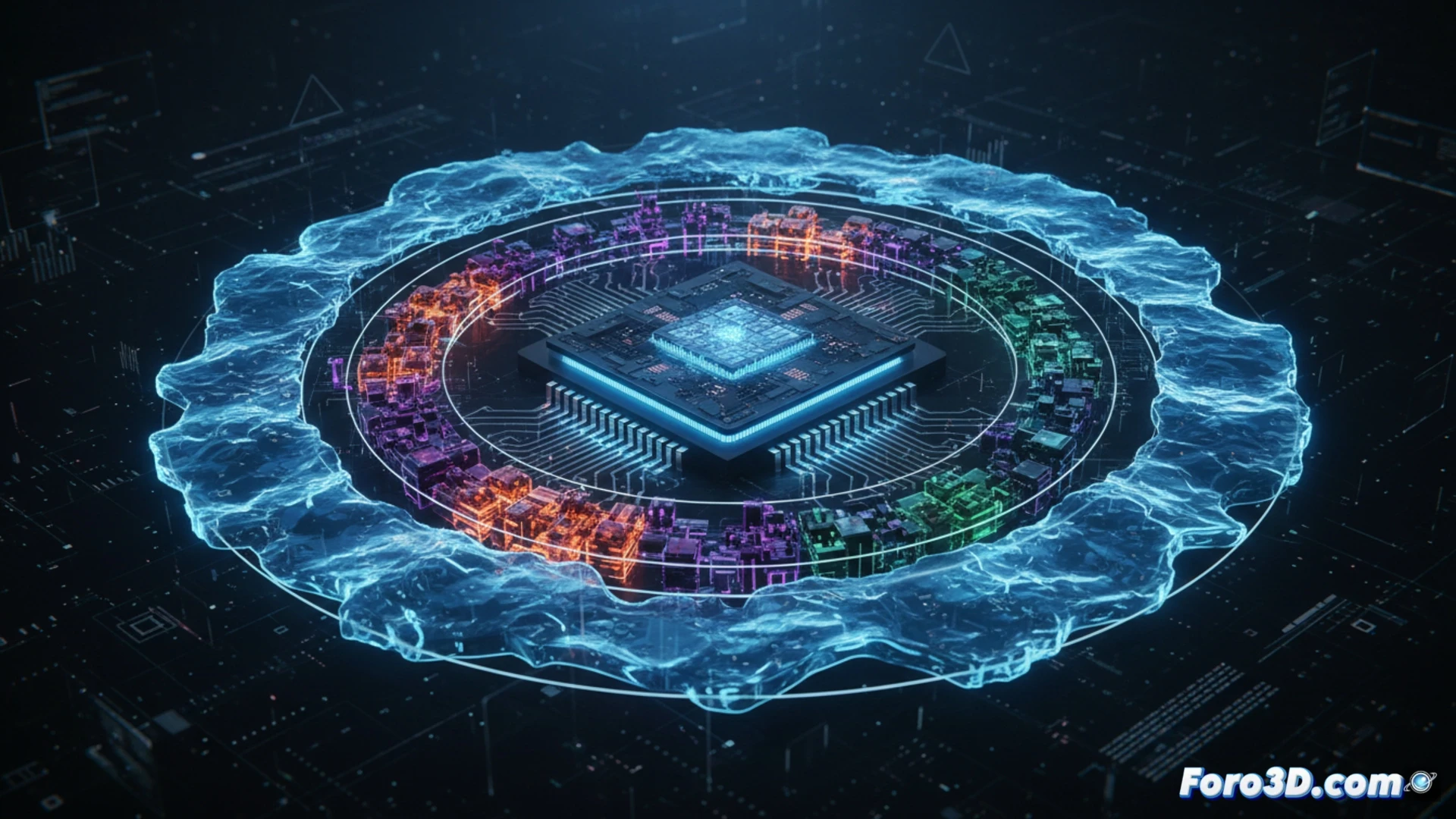 SambaNova SN40L chip glowing with internal data pathways, three stacked memory layers illuminated in blue, orange, and green, data packets flowing vertically between layers while AI model weights stream horizontally across reconfigurable logic units, chip mounted on test board with oscilloscope probes attached, heat sink partially removed to reveal die architecture, cinematic engineering visualization, photorealistic macro shot, dramatic backlighting through silicon substrate, microscopic circuit details visible, golden pin connections at edges, technical illustration style