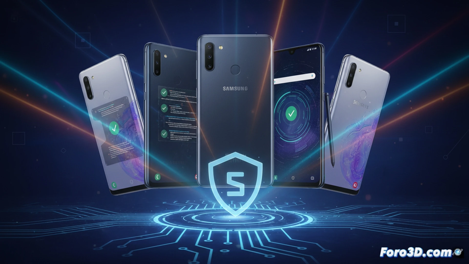 five Samsung smartphones arranged in a row on a metallic workbench, each screen displaying a software update progress bar with a shield icon, glowing blue digital lock symbols floating above the devices, a technician’s hand pressing the update button on a Galaxy A52s 5G, green checkmarks appearing one by one across the screens, circuit board patterns visible beneath the glass, cinematic technical illustration, cool blue and silver lighting, hyper-realistic reflections on the phone surfaces, engineering visualization style, precise hardware details with visible antenna lines and camera modules, clean industrial background with soft shadows, high-contrast highlighting the update process in action