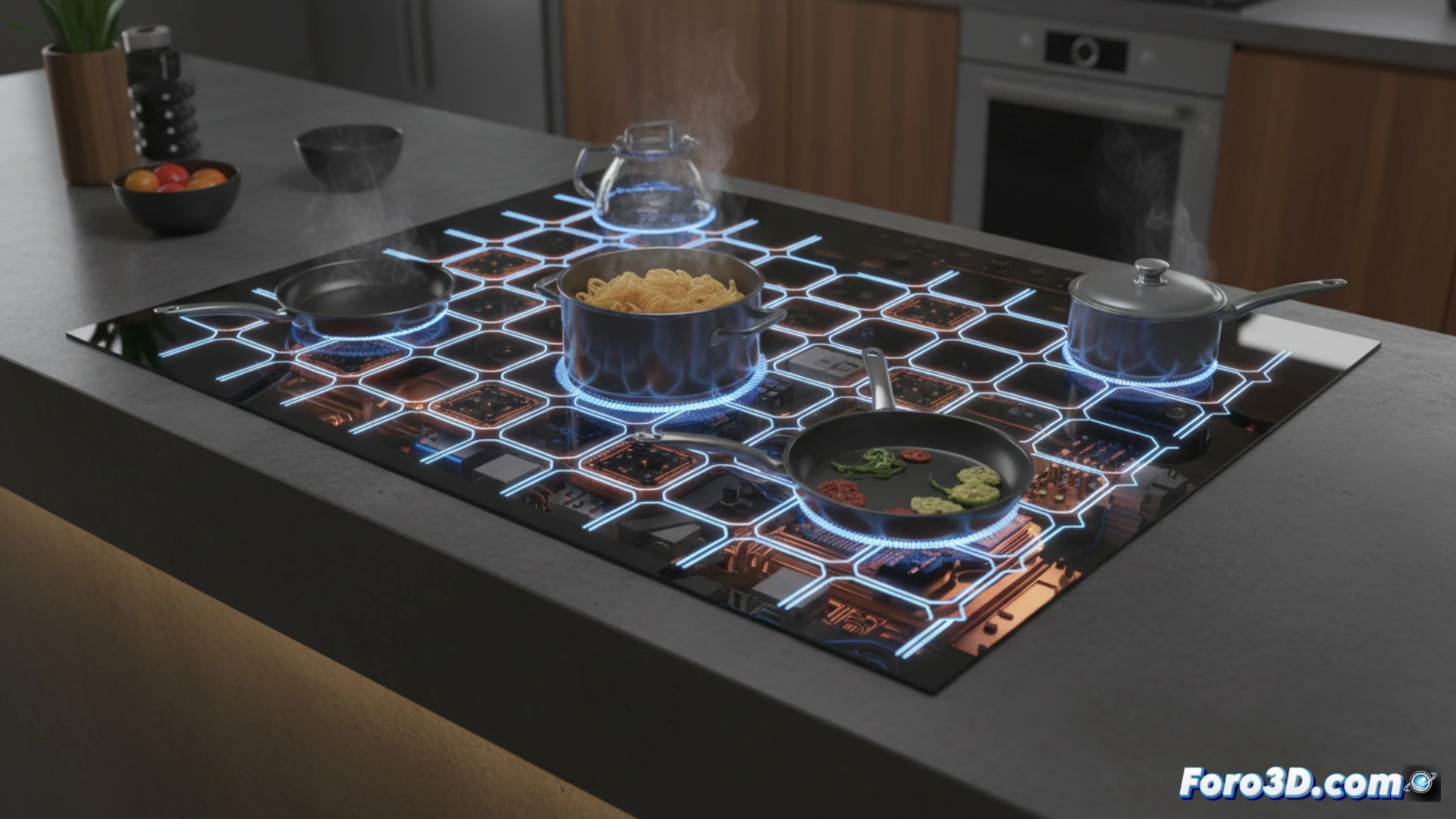 Samsung AnyPlace Induction placa inducción sin límites matriz bobinas lámina diseño producto 3D render fotorrealista