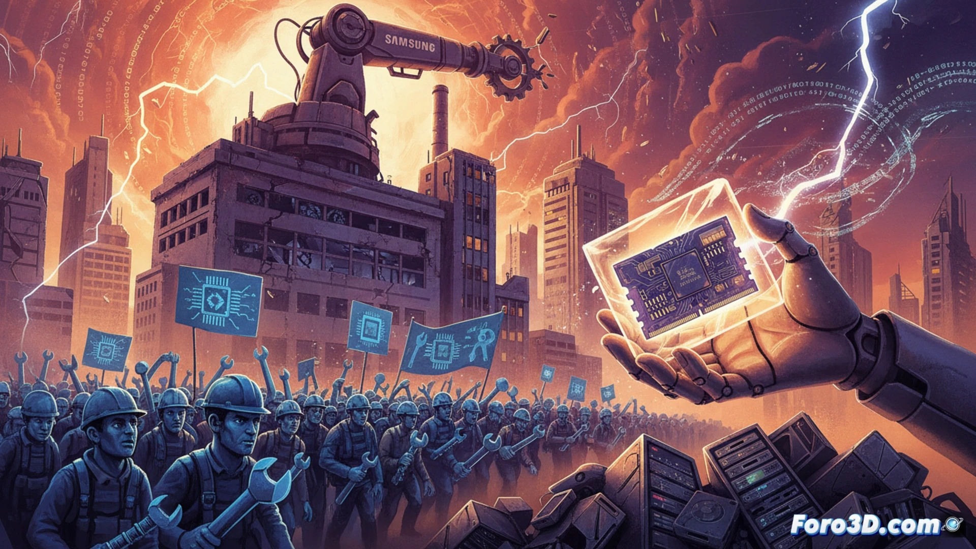 Un trabajador de Samsung sostiene un cartel de huelga frente a una fábrica de semiconductores, mientras módulos de RAM cuelgan como joyas inalcanzables sobre un fondo de servidores y móviles.