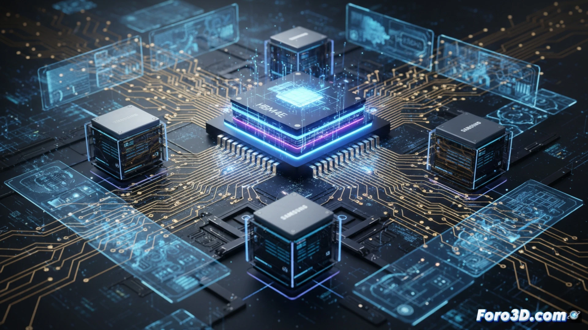 Samsung HBM4E memory chip being installed into a server motherboard by a robotic arm, golden circuit traces glowing with data pulses, cooling fins and heat pipes around the processor socket, server rack with blinking LED indicators in background, during the assembly process demonstrating 20% faster data transfer for AI workloads, cinematic engineering visualization, photorealistic metallic surfaces, shallow depth of field on chip interconnects, blue and orange industrial lighting, high-contrast shadows, ultra-detailed PCB texture, technical illustration style