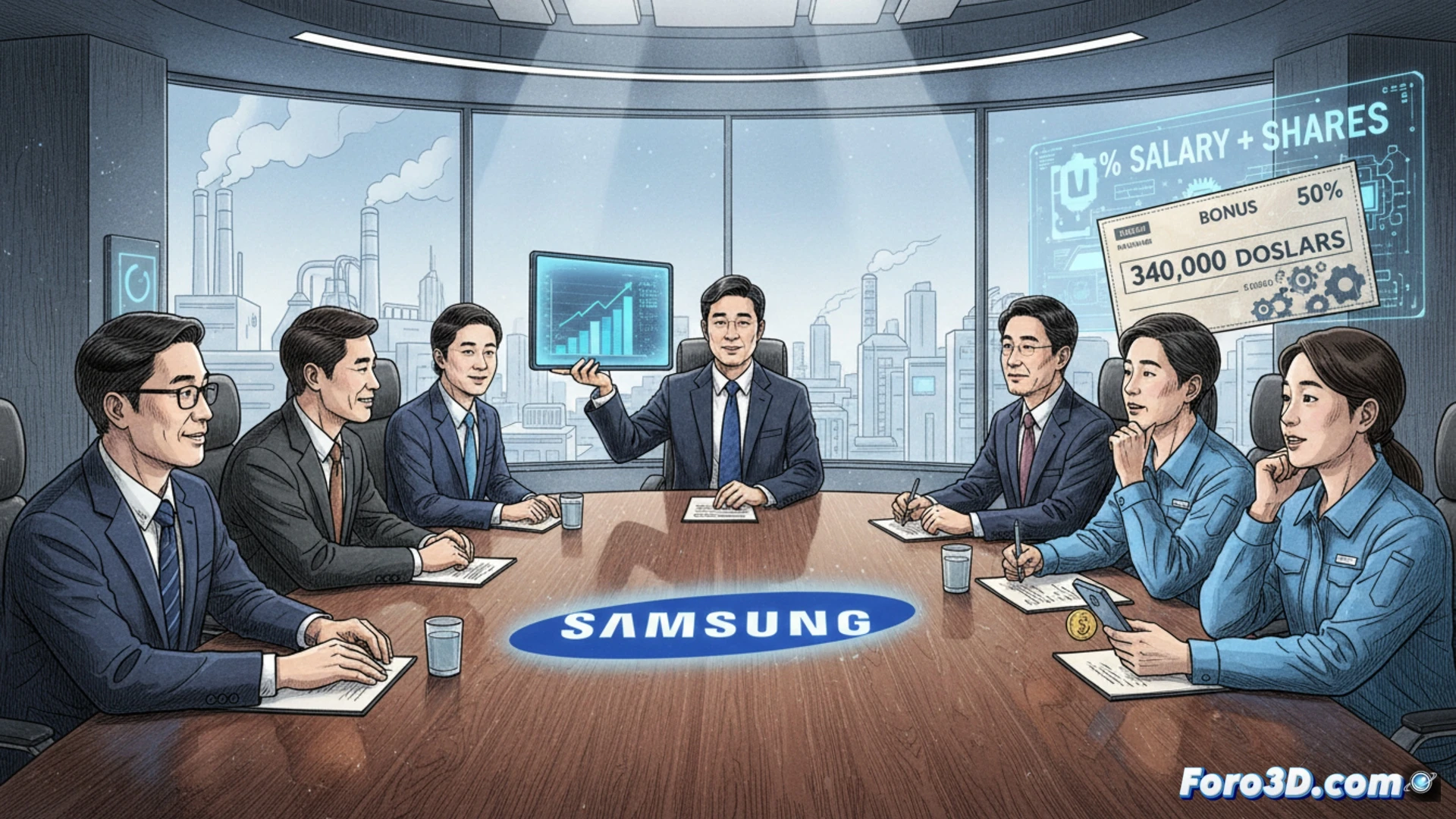 Samsung chip factory cleanroom, workers in white bunny suits holding holographic contract tablets displaying cascading dollar figures, semiconductor wafers glowing amber in automated carriers behind them, union leader shaking hands with executive while bonus charts float in mid-air, dramatic blue LED lighting reflecting off polished concrete floors, cinematic photorealistic technical illustration, slow-motion handshake during tense negotiation process, glowing bonus amounts transforming into stock certificates, ultra-detailed cleanroom equipment, industrial vents and robotic arms visible in background