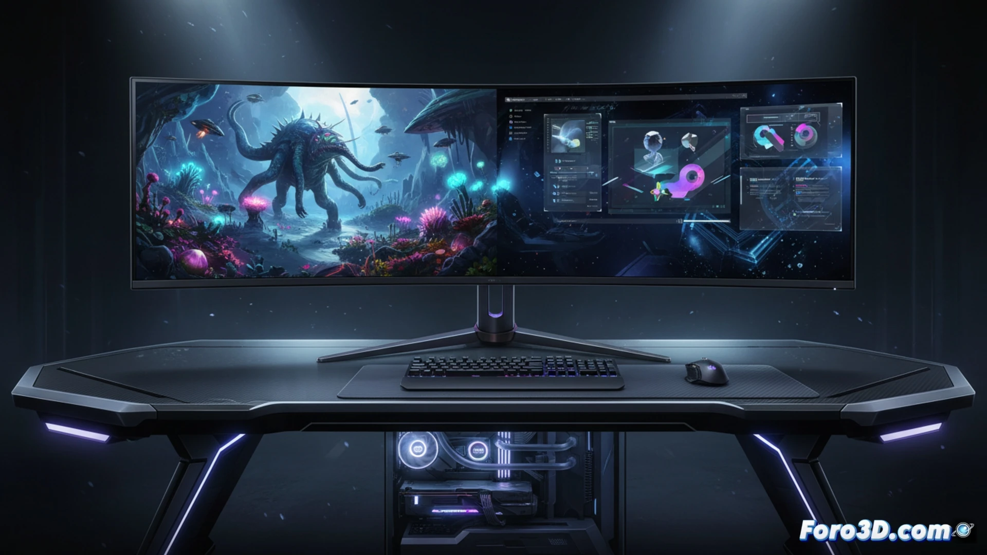 57 pulgadas de curvas ultrawide dominando un escritorio minimalista, dos paneles de juego 4K lado a lado sin biseles visibles fusionándose en una sola superficie, un joystick gaming y un teclado mecánico en primer plano, cables DisplayPort y HDMI conectados a una GPU de alta gama, reflejos de neón azul y morado sobre la curvatura del monitor, cinematic photorealistic render, profundidad de campo dramática, detalles de píxeles Mini-LED brillando en la oscuridad, iluminación ambiental de estudio técnico