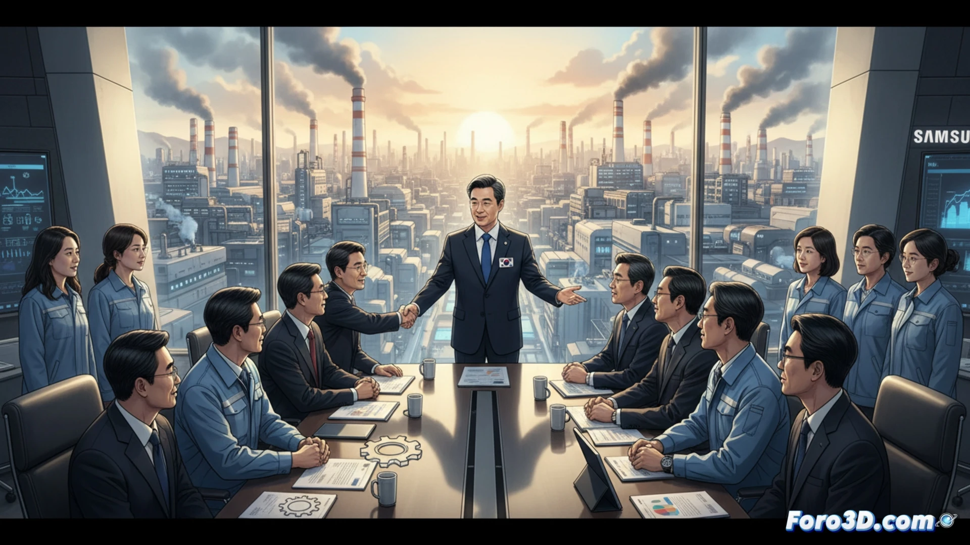 Photorealistic wide shot of a semiconductor cleanroom factory floor, workers in white bunny suits and blue gloves standing beside automated wafer-handling robots, robotic arms paused mid-motion during a temporary halt, a union representative holding a tablet with a negotiation document visible on screen, a Samsung manager in a gray suit shaking hands with the mediator, glowing yellow warning lights above assembly lines, reflective metallic surfaces of chip-processing machines, dramatic industrial ceiling lights casting long shadows, cinematic technical illustration of labor mediation interrupting production flow, ultra-detailed mechanical components and silicone wafer cassettes in foreground