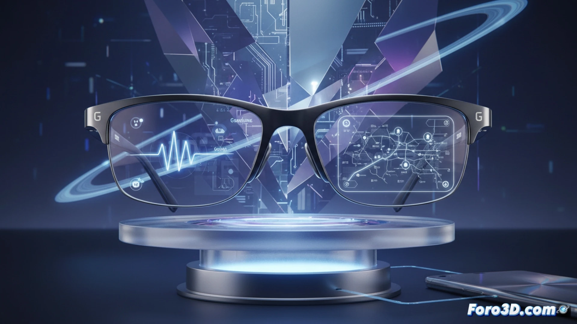 Samsung Galaxy smart glasses prototype on a wooden design table, Gentle Monster frame with integrated transparent waveguide lenses, Warby Parker aesthetic detailing, a hand gesture navigating a virtual holographic map interface, Gemini AI voice command icon glowing faintly above the lens, scene showing the glasses connected wirelessly to a Galaxy smartphone displaying route suggestions, cinematic technical illustration, photorealistic glass reflections, soft ambient studio lighting, precise mechanical hinge joints, futuristic minimal design, ultra-detailed hardware engineering visualization