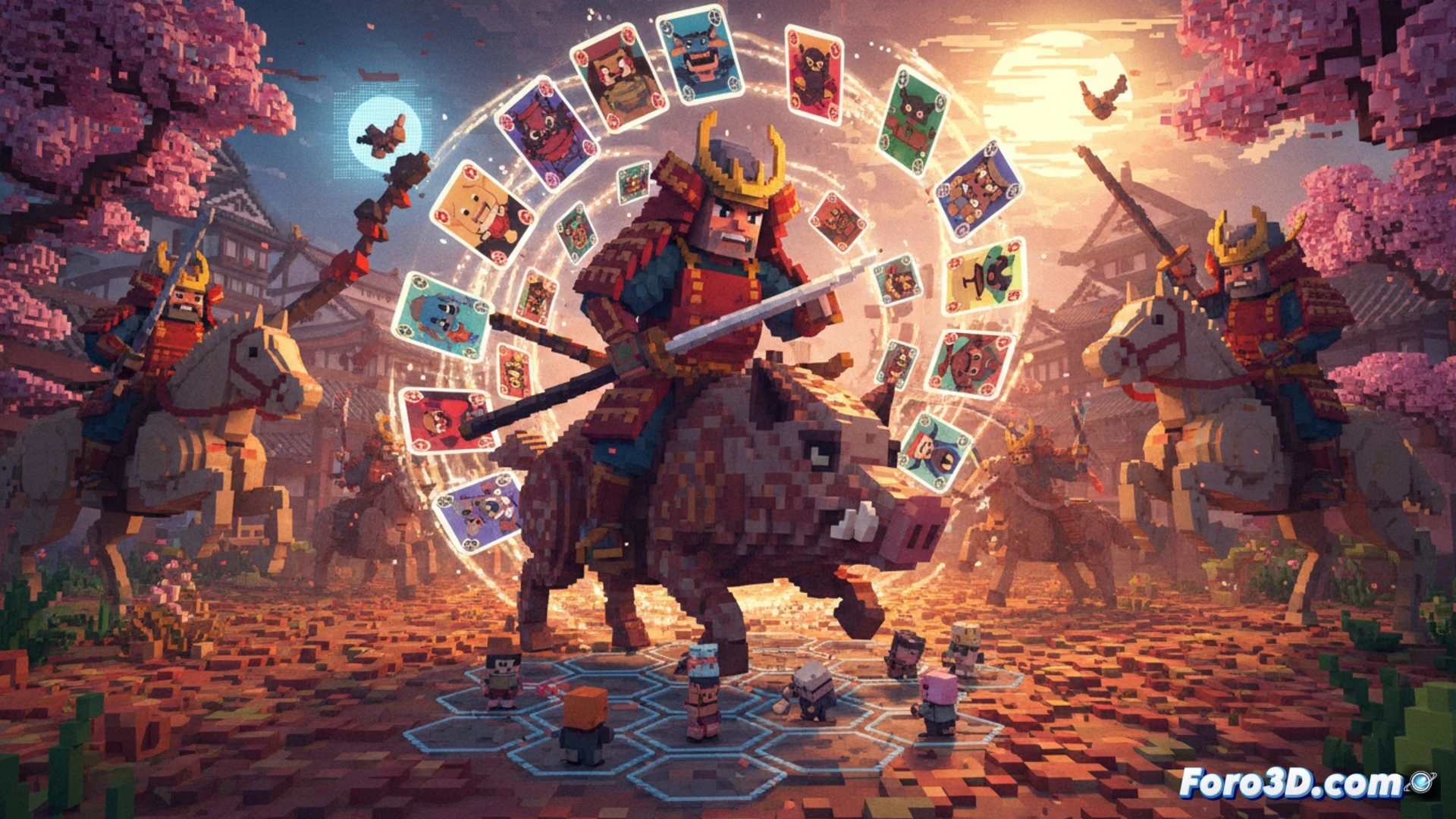Samurái voxel rojo sobre fondo negro sostiene un mazo de cartas brillantes, rodeado de caos pixelado en un escenario feudal.