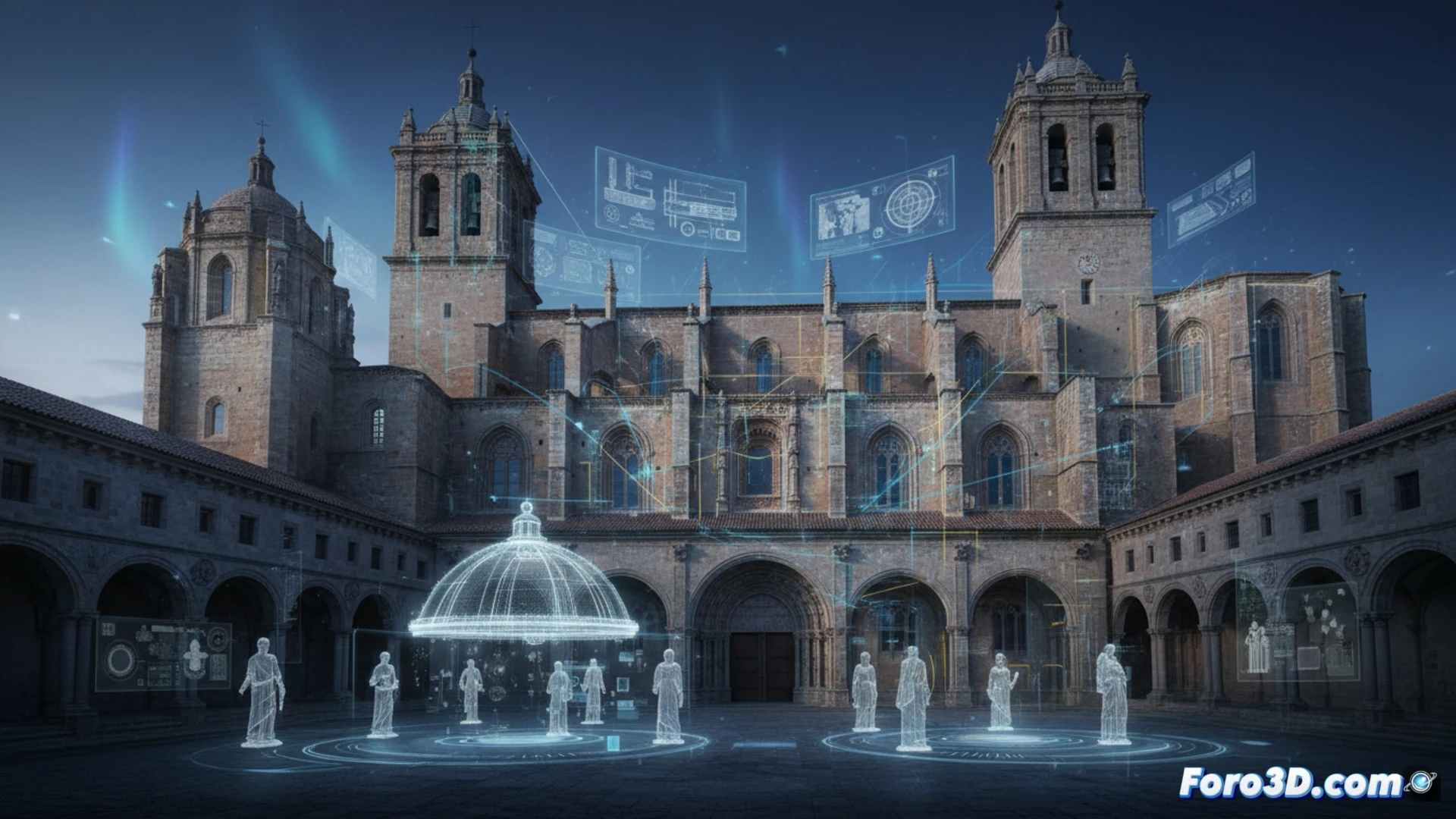 Monje digital en 3D explora columnas del monasterio de San Esteban, con capas históricas superpuestas y guía virtual.