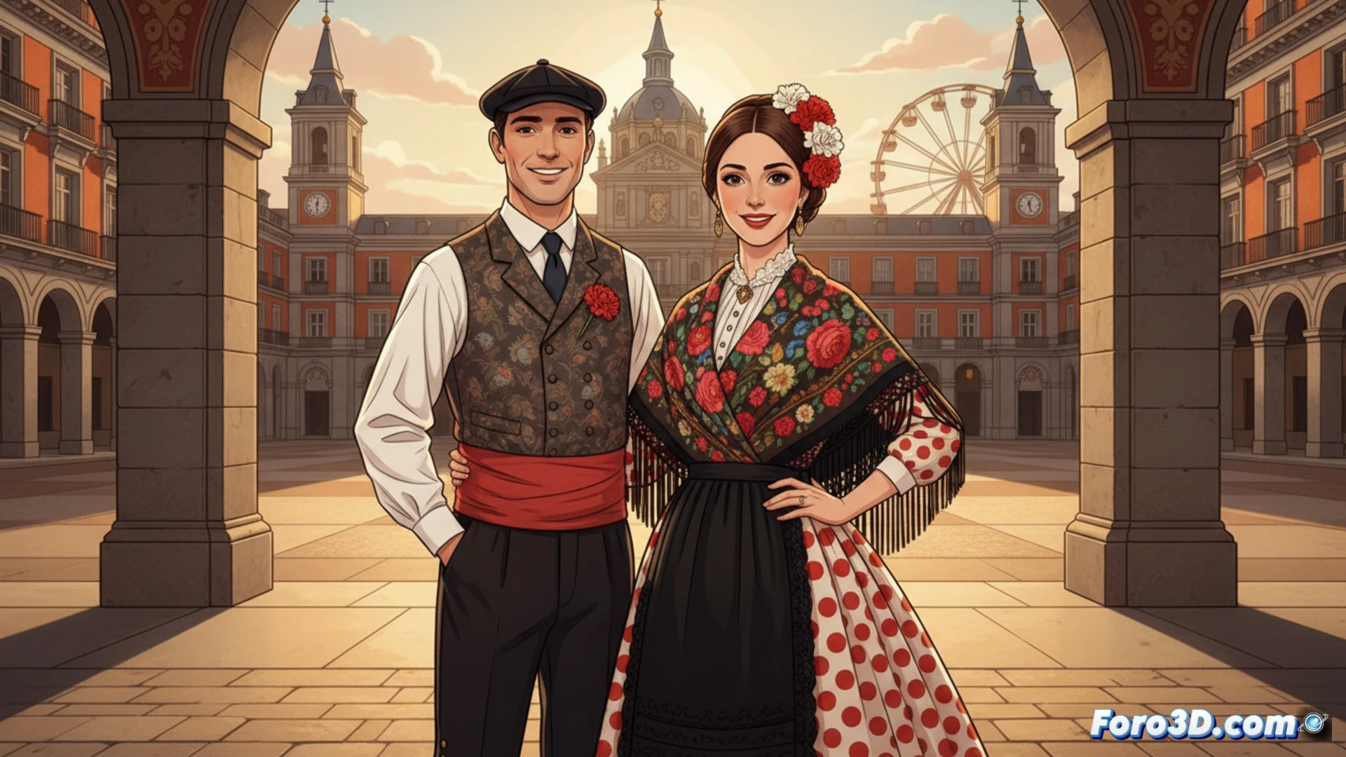 Un hombre y una mujer posan con trajes tradicionales madrileños: pantalón oscuro, chaleco y gorra; vestido de lunares con mantón y flores.