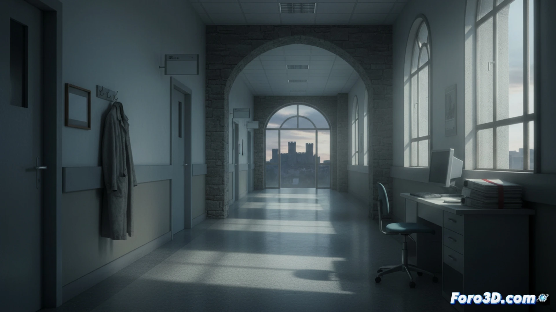 deserted hospital room with an empty patient bed and disconnected monitoring equipment, a lone IV stand with no bag, dust motes in pale fluorescent light, a closed laptop on a desk showing a medical scheduling interface frozen on a cancelled shift, a single white coat hanging unused on a hook, an oxygen valve turned off, cold blue-gray clinical tones, photorealistic technical visualization, abandoned atmosphere, sharp focus on medical hardware and absent staff, cinematic lighting with deep shadows