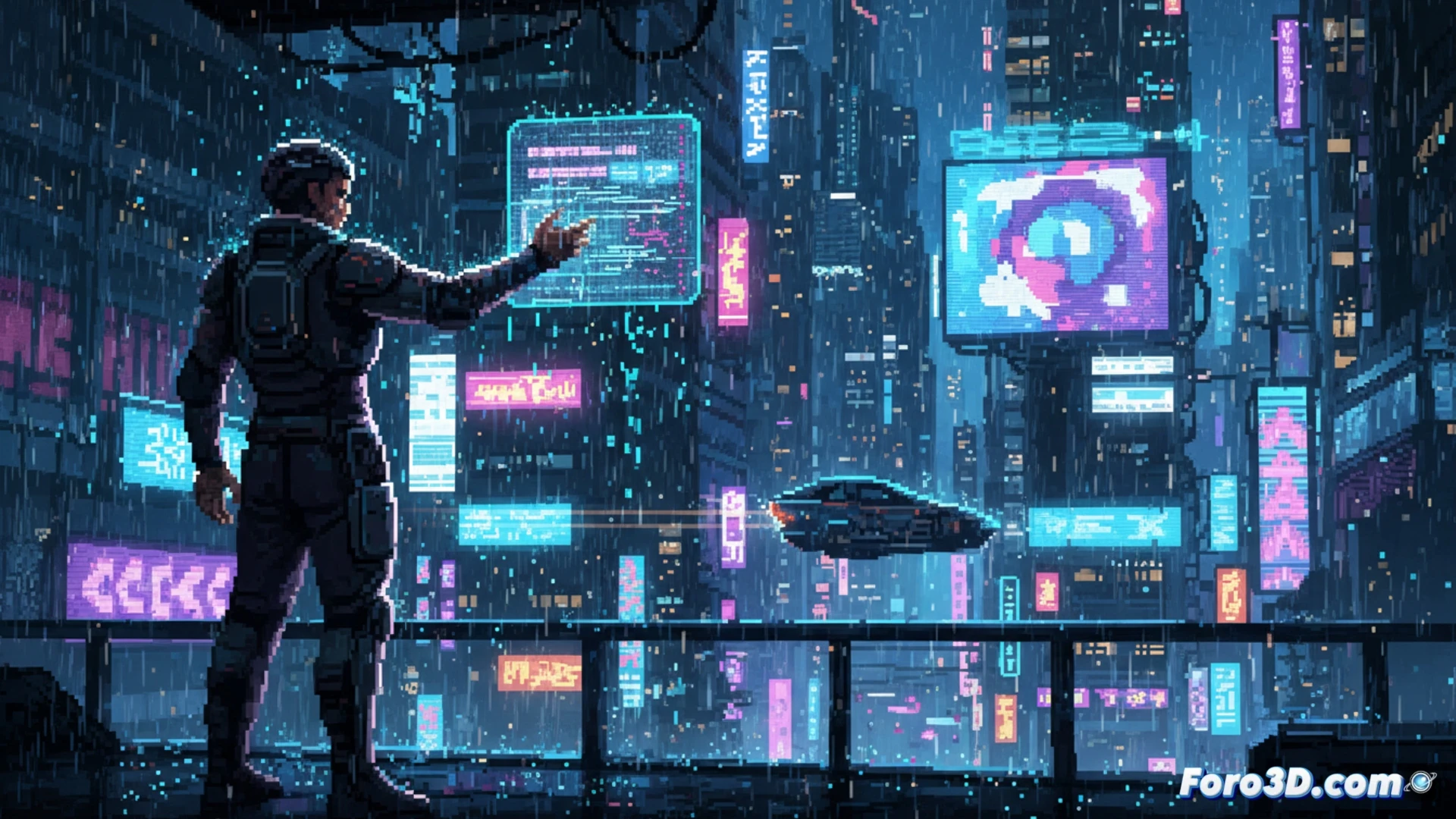 Sanabi pixel art ciberpunk en Unity con lluvia, neones y efectos dinámicos en tiempo real