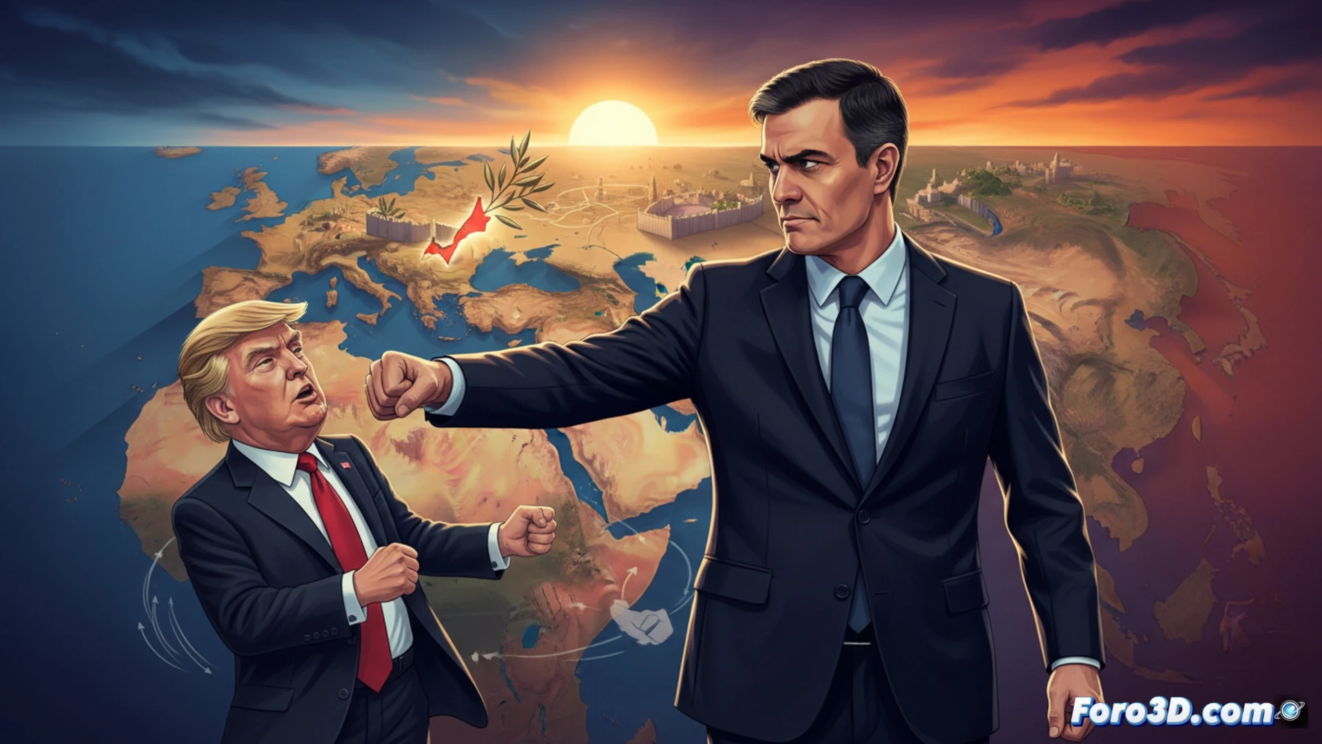 Pedro Sánchez en una sala de crisis iluminada por pantallas táctiles, apretando el puño sobre una mesa mientras un mapa de Oriente Medio brilla con líneas de datos comerciales, aranceles simulados en rojo cayendo sobre un globo terráqueo con la bandera de EE.UU., gráficos de tensión geopolítica en tiempo real mostrando flechas divergentes entre Madrid y Washington, estilo cinematográfico, iluminación dramática con sombras duras, texturas metálicas y de vidrio reflectante, ultrarealista, render técnico de alto contraste.