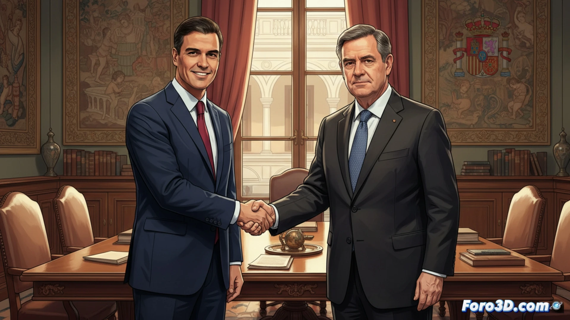 Pedro Sánchez y Gordon Brown de pie frente a un mapa digital global interactivo, Sánchez señalando un nodo de datos de salud pública mientras Brown sostiene un tablet mostrando gráficos climáticos, ambos durante una reunión en una sala de alta tecnología con pantallas táctiles incrustadas en la mesa, documentos financieros y modelos 3D de infraestructura sostenible visibles, luces LED frías y paneles acústicos, estilo cinematográfico fotorrealista, iluminación dramática de estudio, texturas metálicas y de vidrio, enfoque nítido en los gestos de colaboración y los dispositivos técnicos.