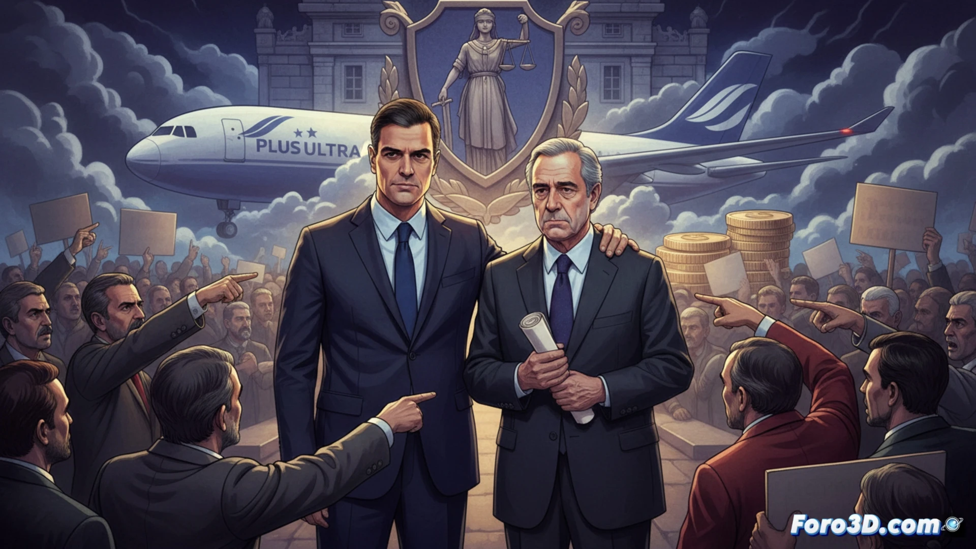 Pedro Sánchez y José Luis Rodríguez Zapatero caminando juntos en un pasillo del Congreso de los Diputados, Sánchez gesticula con la mano abierta mientras Zapatero asiente, fondo con puertas de madera y focos de seguridad, durante una pausa en el hemiciclo, estilo cinematográfico, iluminación naturalista de ventanas laterales, trajes oscuros formales, corbatas rojas, fotoperiodismo político, profundidad de campo media, textura de traje y arrugas visibles, expresión seria pero calmada, sin texto ni logos.