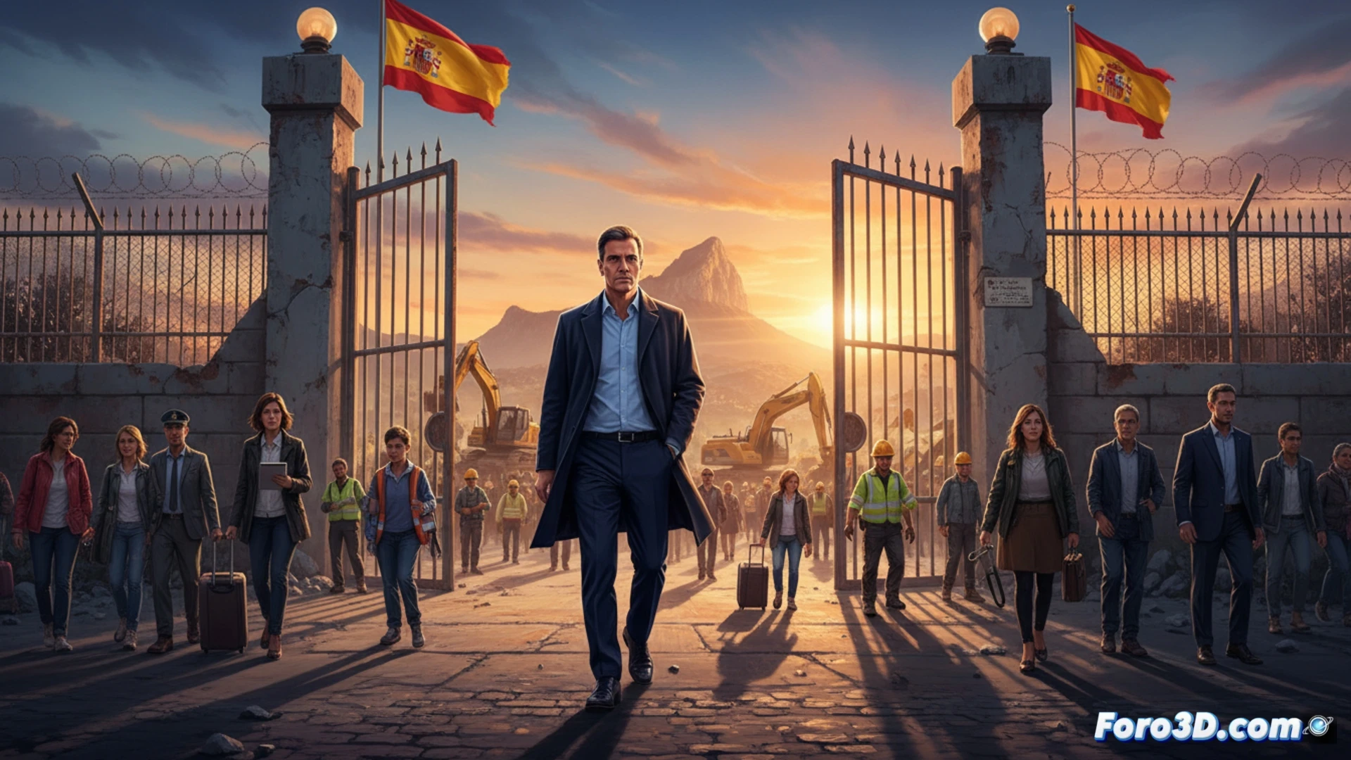 Pedro Sánchez de pie ante la verja fronteriza, con el Peñón de Gibraltar al fondo, en un día soleado.