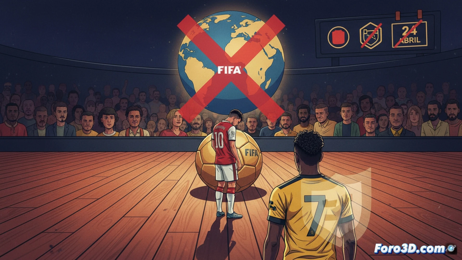 Un estadio de fútbol vacío, con un cartel de la FIFA sobreimpuesto: 'Sanción global por insulto homófobo a Vinícius'.