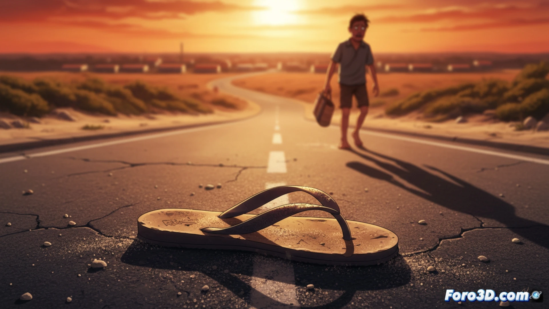 photorealistic scene of a broken flip-flop sandal on scorching asphalt at midday, the rubber strap snapped cleanly at the connection point, a bare foot stepping off the broken sandal while the other intact sandal lies nearby, heat waves distorting the air above the road, distant beach umbrella and ocean horizon visible, dramatic sunlight casting harsh shadows, ultra-detailed rubber texture and frayed break point, cinematic composition with low angle showing the painful walk ahead, realistic summer heat haze, technical product failure documentation style