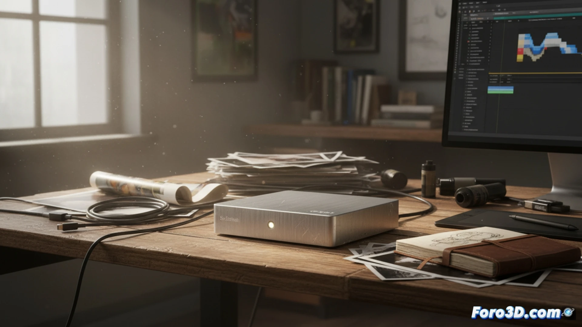 photorealistic technical illustration of a SanDisk G-Drive 24TB external hard drive on a cluttered creative workstation, drive connected via USB-C cable to a laptop showing a file transfer progress bar on screen, photographer editing RAW photos in Adobe Lightroom on second monitor, stack of external drives and memory cards nearby, drive enclosure slightly open revealing internal 3.5-inch HDD mechanism, soft LED indicator glowing blue, dramatic side lighting casting long shadows, dust particles visible in light beam, worn rubberized surface showing months of daily use, cinematic studio lighting, ultra-detailed textures on drive casing and cables, engineering visualization style