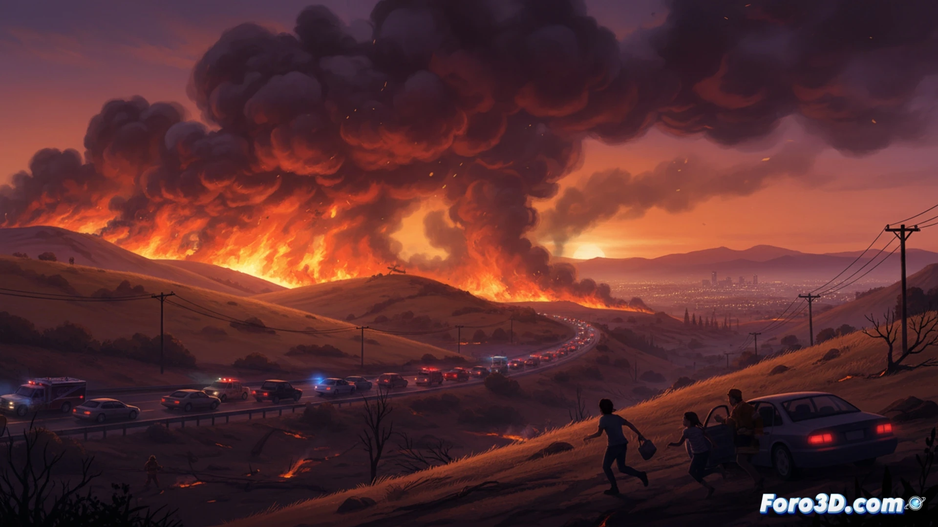 wildfire spreading across Simi Valley hillside, flames consuming dry brush under 56 km/h wind gusts, smoke billowing over suburban homes, evacuation traffic jam on winding road, firefighting helicopters dropping water near ridge, cinematic photorealistic visualization, dramatic orange-black sky, glowing ember trails, emergency vehicles with flashing lights, ultra-detailed terrain and vegetation, realistic smoke particle effects, dusk lighting with fire reflections