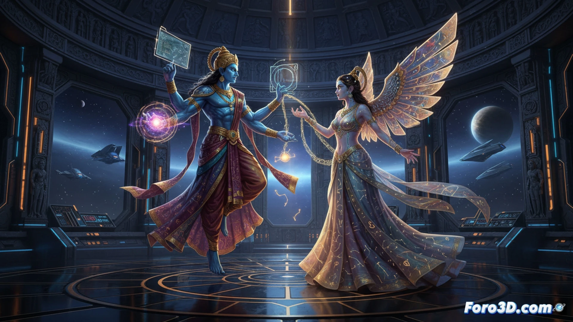 A Gandharva with four arms and equine features playing a celestial string instrument while a dancing Apsara in flowing silk moves around him in a glowing futuristic temple, holographic cosmic mandalas rotating in the background, Blender 3D wireframe overlays visible on the marble floor, photorealistic cinematic render, dramatic volumetric light beams from above, particle effects like golden dust swirling between them, ultra-detailed anatomical muscle definition on both figures, neon blue and magenta accent lighting, high-contrast shadows, technical CGI breakdown aesthetic