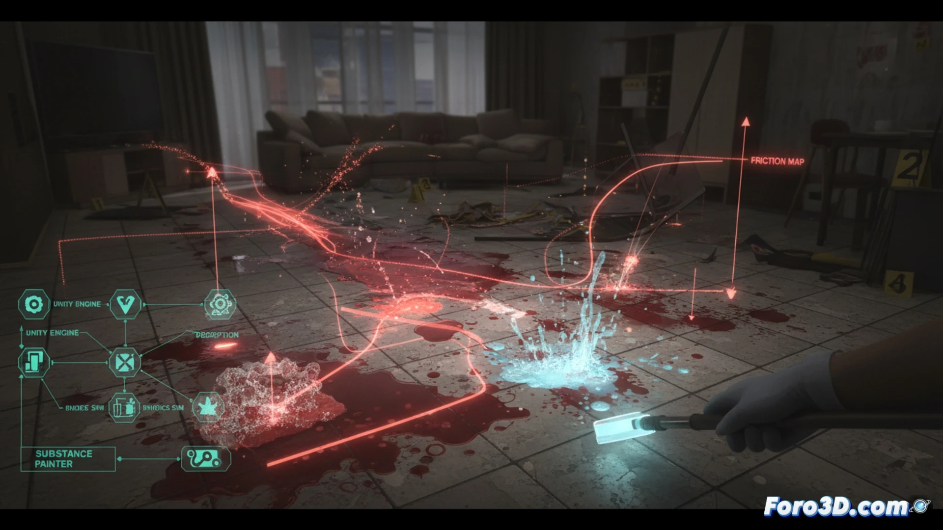 Simulación de sangre dinámica en Crime Scene Cleaner, renderizada con shaders Unity y materiales de Substance Painter