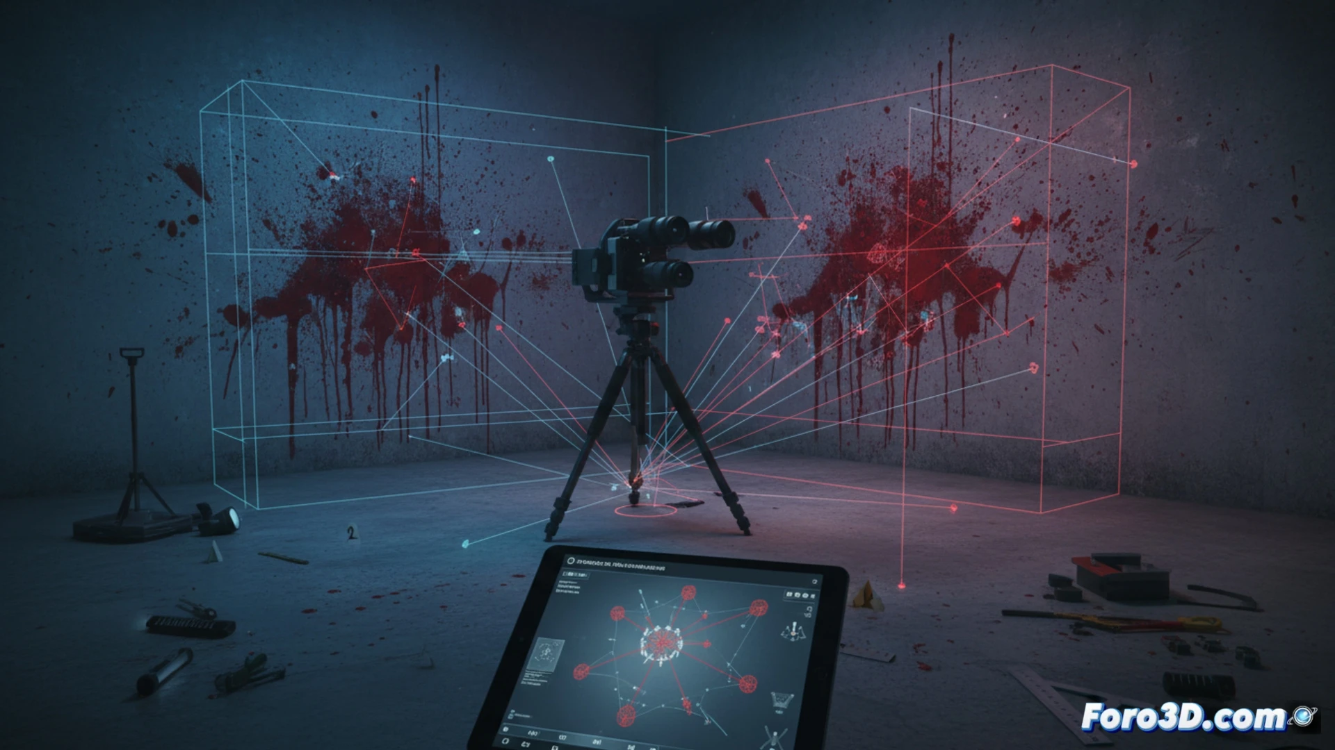 Fotogrametría forense 3D de salpicaduras de sangre en escena del crimen para análisis BPA