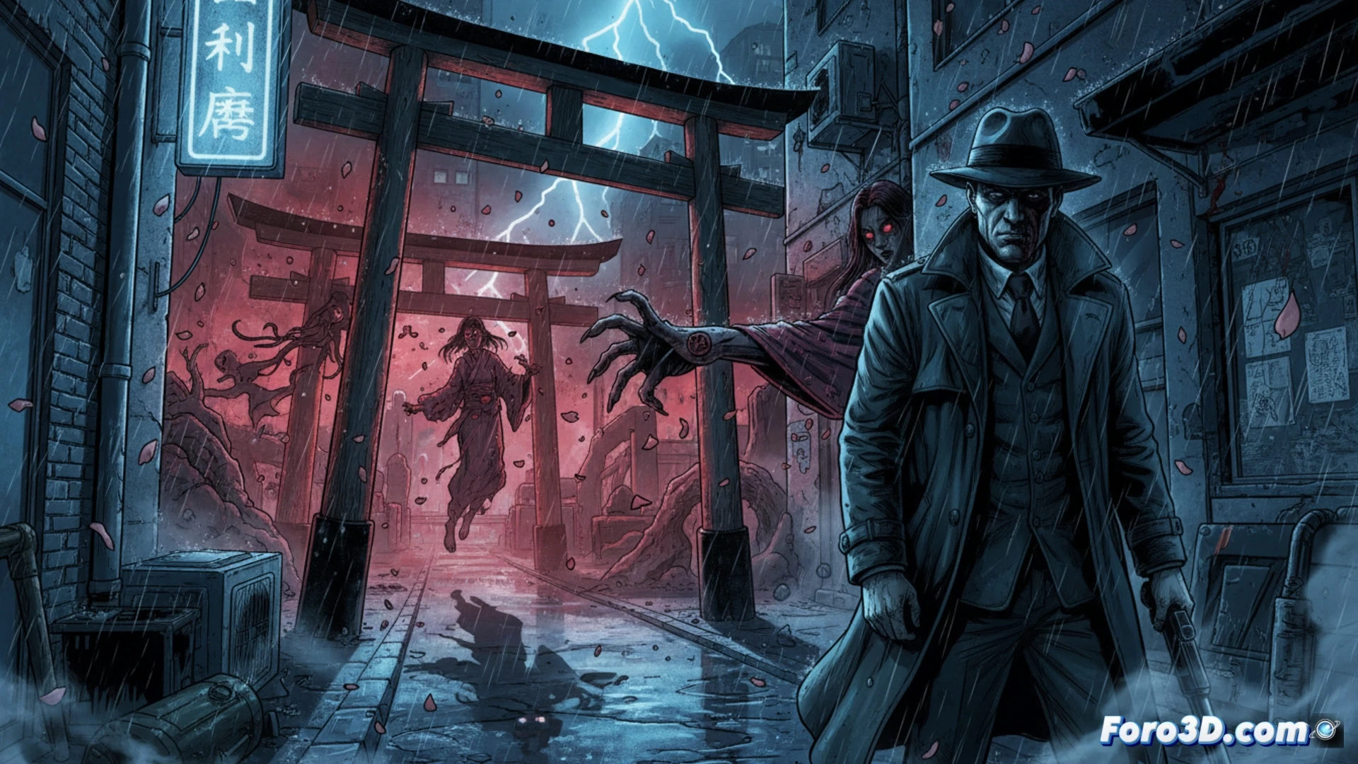 Finnish detective crouches in snow-covered Helsinki alley, flashlight beam cutting through mist while a glowing Japanese paper talisman floats mid-air, black metallic shuriken embedded in cracked brick wall, blood droplets frozen mid-fall, steam rising from manhole cover, Nordic noir color palette of deep blues and greys contrasting with warm amber streetlights, photorealistic cinematic style, ultra-detailed forensic evidence markers on ground, dramatic low-angle shot, supernatural elements blending with police procedural realism, motion blur during action sequence, cold breath condensation visible
