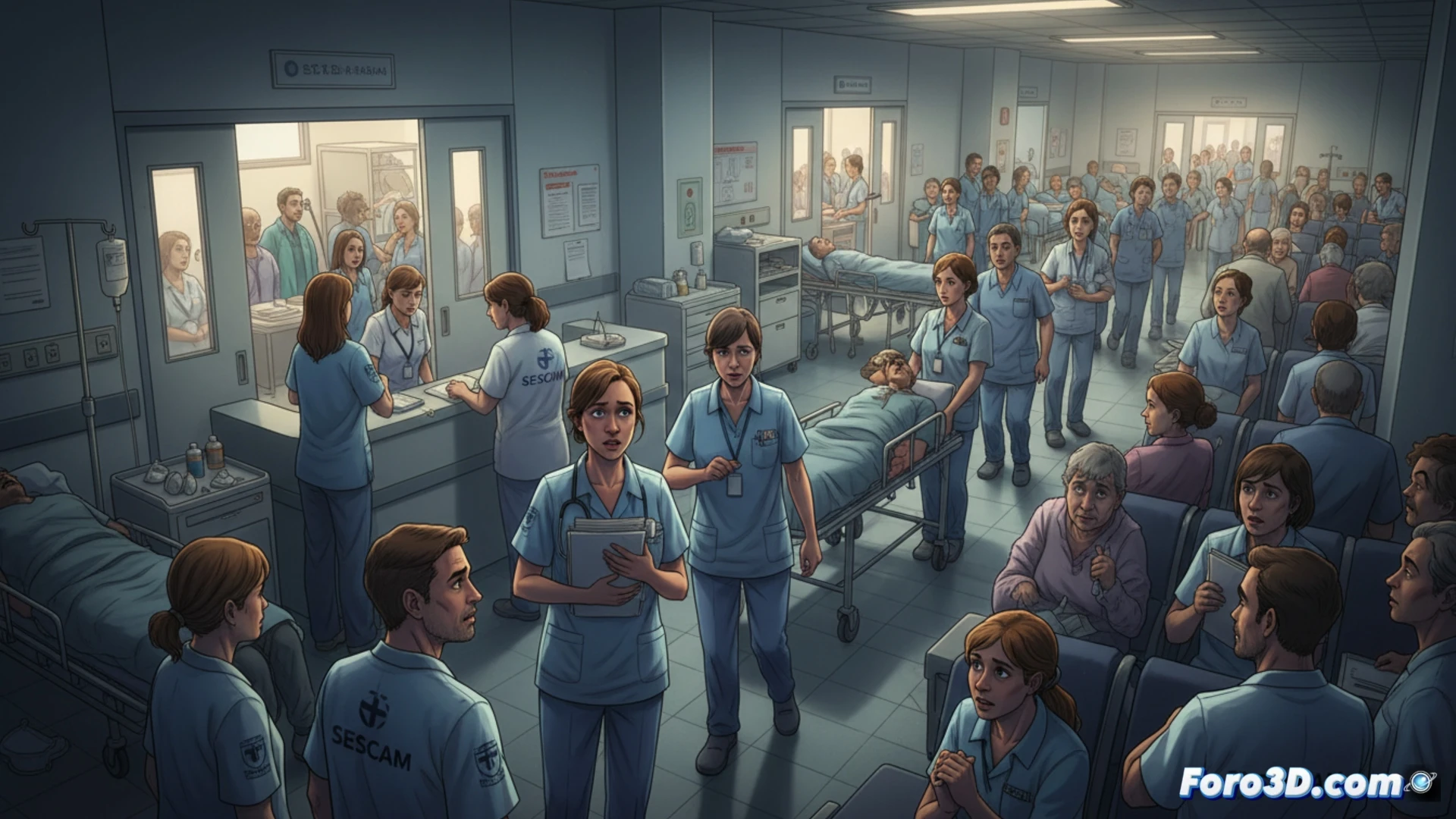 Un pasillo de hospital abarrotado, con medicos y enfermeras agotados atendiendo a pacientes en camillas, simbolizando la saturacion asistencial.