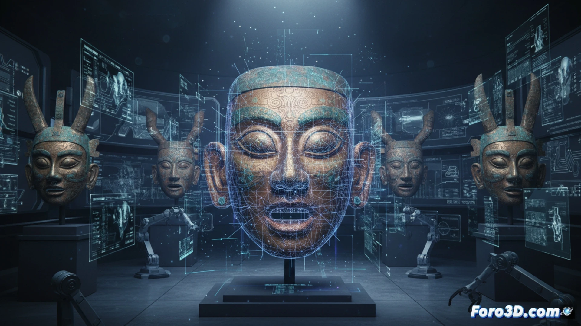 Sanxingdui máscara de bronce con ojos saltones y orejas grandes, escaneada en 3D con detalle de pátina verde