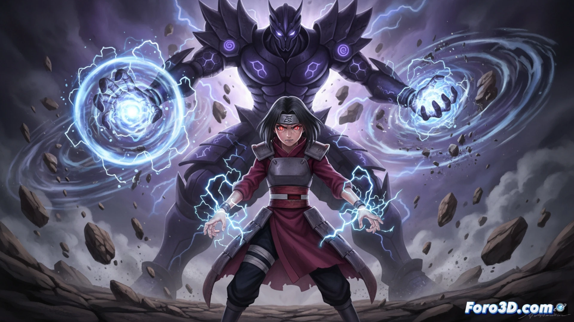 Sarada Uchiha manifestando su Susanoo púrpura translúcido mientras controla un campo de gravedad distorsionado, rocas flotando a su alrededor durante un combate aéreo, chidori eléctrico brillando en su mano derecha mientras el Susanoo sostiene una espada de energía, fondo con cielo tormentoso y nubes rotas por ondas gravitacionales, estilo cinematográfico de anime técnico, iluminación dramática con contrastes de violeta y azul, texturas de chakra fluyendo como plasma, partículas de energía suspendidas, render fotorrealista de alta calidad, acción dinámica mostrando el poder combinado de sus habilidades