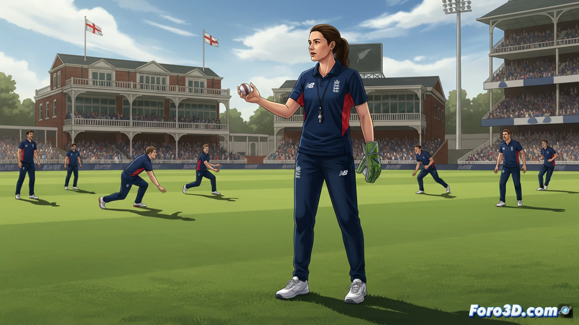 Sarah Taylor, con uniforme técnico, sonríe mientras observa a jugadores masculinos de cricket entrenar fildeo en un campo verde soleado.