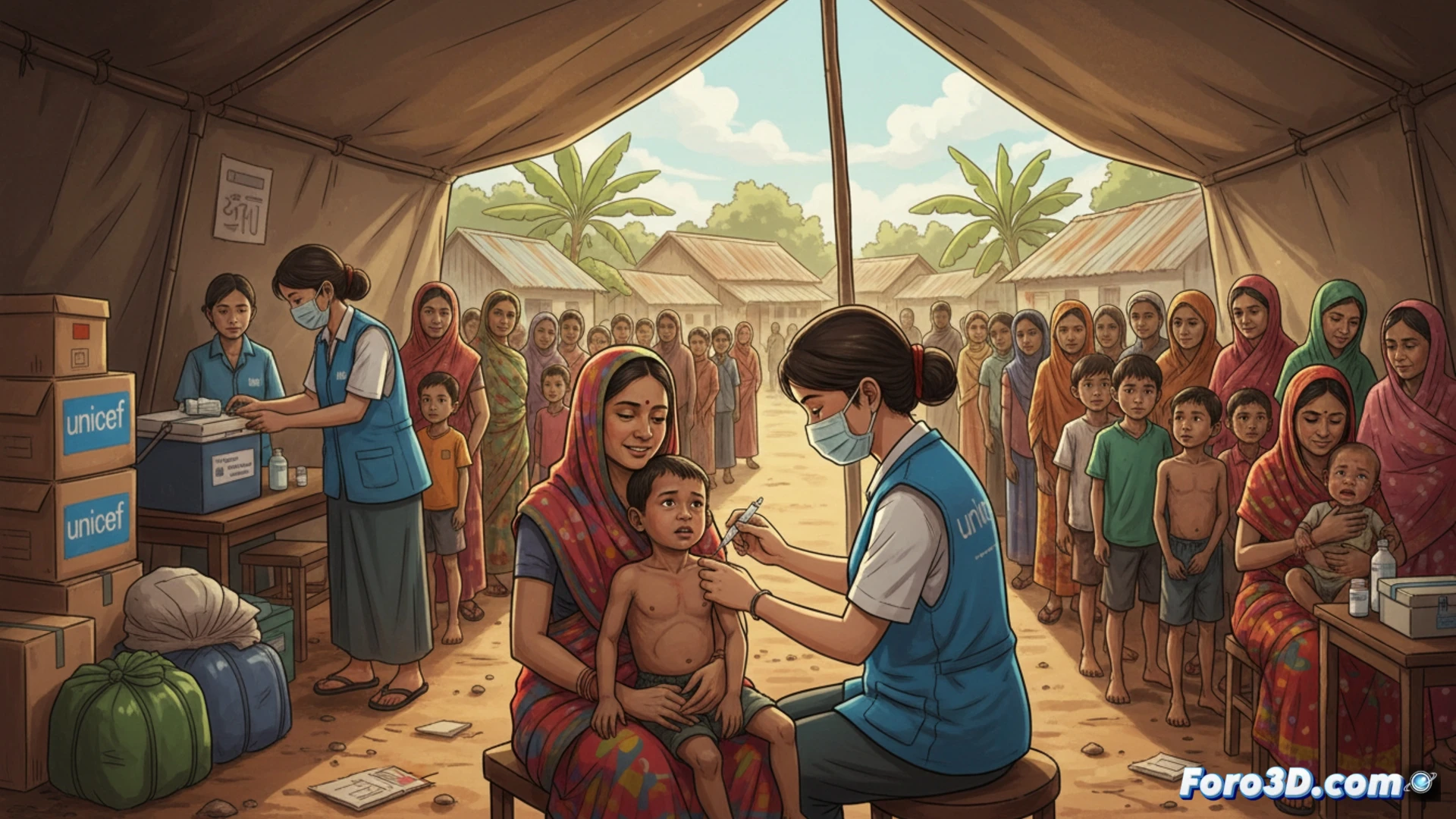 massive vaccination campaign scene in rural Bangladesh, health workers in protective masks and blue gloves administering measles vaccines to a long line of children, mothers holding infants with vaccination cards, UNICEF-branded coolers and syringes visible, dusty village landscape under hazy sunlight, children of various ages with visible malnutrition signs, crowded temporary clinic setup, documentary photorealistic style, cinematic wide-angle shot, dramatic humanitarian lighting, detailed fabric textures on traditional clothing, medical equipment scattered on wooden tables, emotional faces showing relief and hope, ultra-detailed skin tones and environmental wear, photojournalistic technical illustration