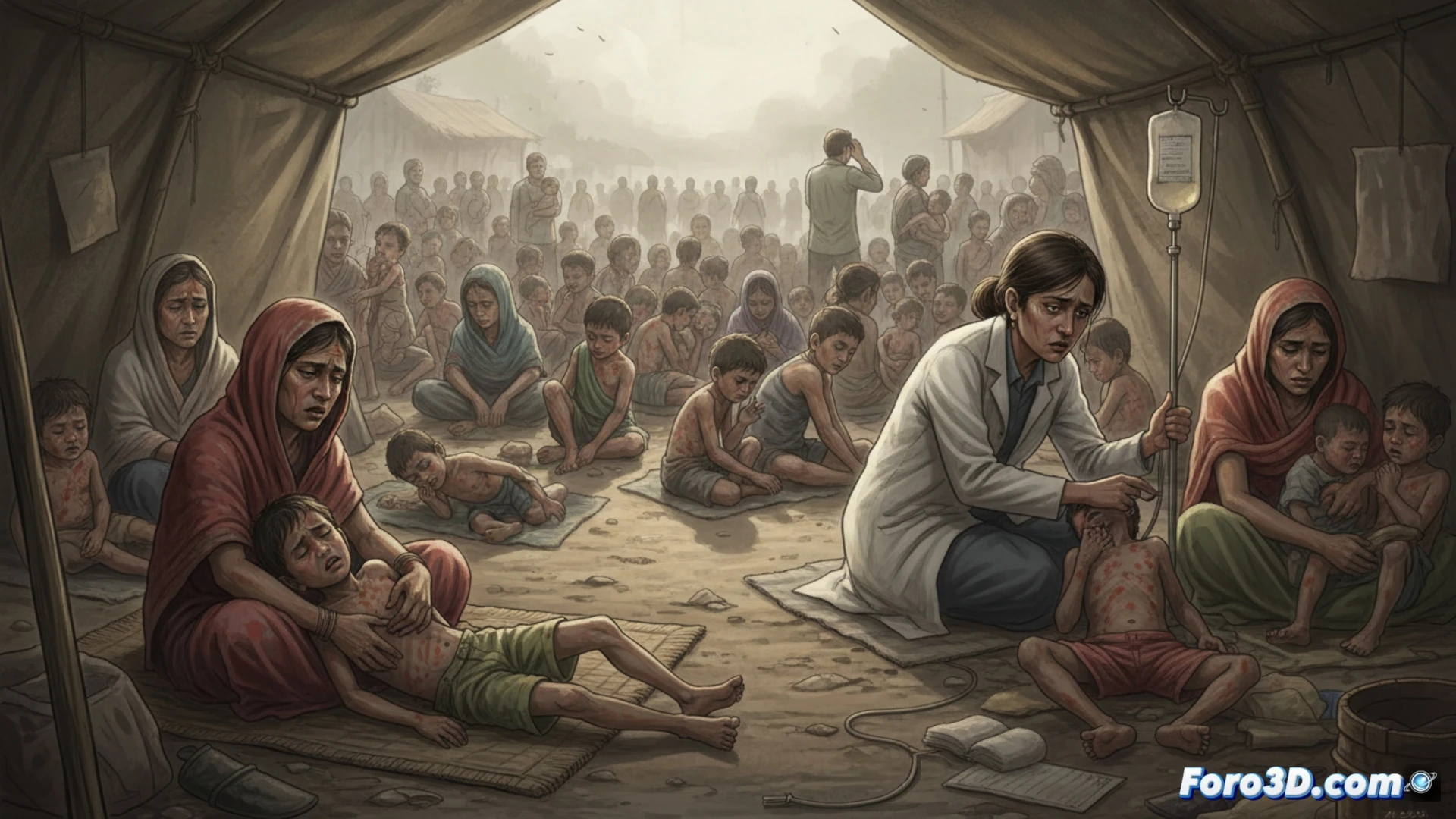 photorealistic scene inside a crowded Bangladeshi clinic, dozens of emaciated children under five lying on floor mats, nurses in masks and gloves administering IV drips to dehydrated infants, a digital patient monitor showing critical vitals with red warning indicators, a broken oxygen concentrator in the corner, a mother holding a feverish child with visible rash on face and torso, chaotic medical supplies stacked on shelves, dim fluorescent lighting, high contrast shadows, documentary style, ultra-detailed textures of worn linoleum floor and peeling walls, human suffering capturing systemic collapse
