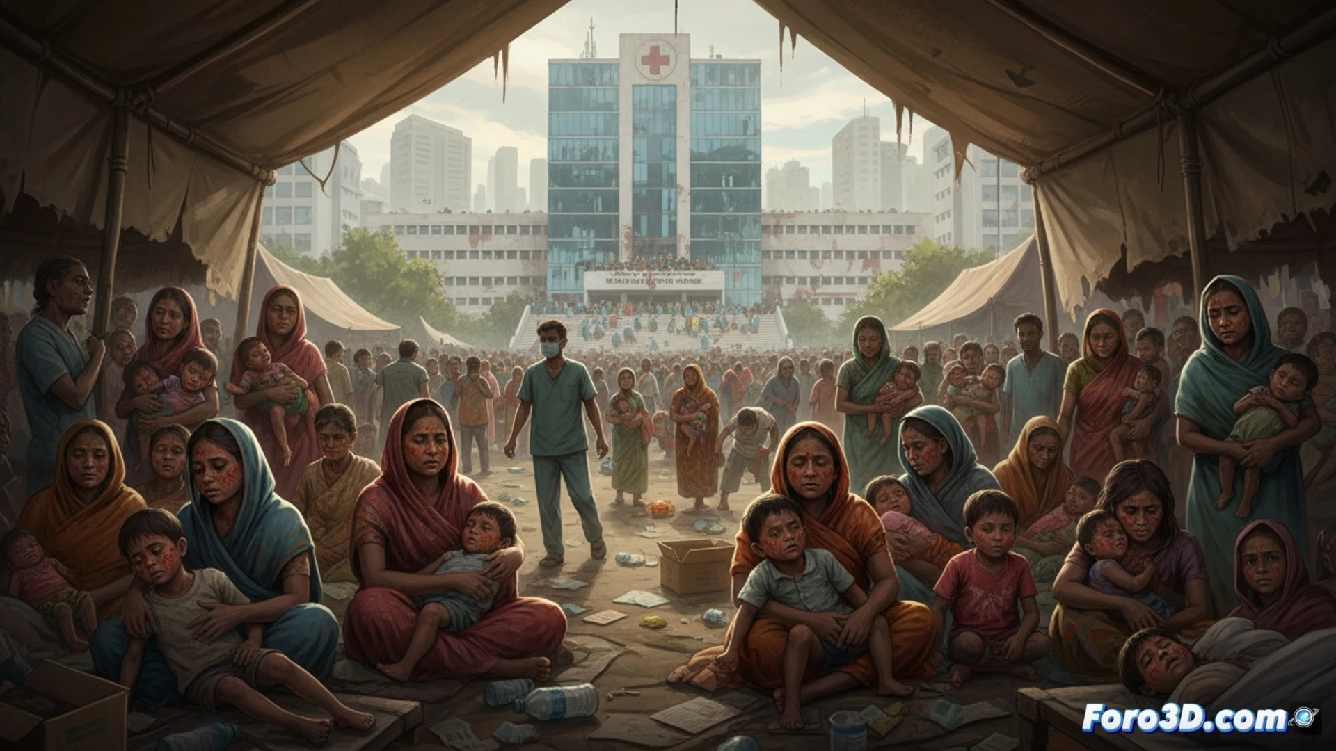 abandoned hospital corridor in Dhaka, two nurses in blue scrubs desperately trying to resuscitate a small child on a gurney while an oxygen cylinder runs empty, broken ventilator monitor screen flickering red warning lights, overcrowded ward with makeshift beds and IV stands, medical supplies scattered on floor, child-size face mask hanging loose, photorealistic documentary style, harsh fluorescent ceiling lights casting deep shadows, sweat on nurses faces, dust particles in air, clinical white walls stained with handprints, emotional intensity, cinematic depth of field